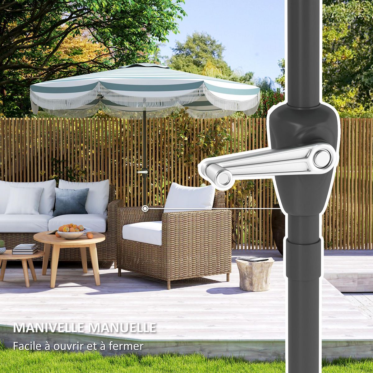 OUTSUNNY Parasol de jardin à franges inclinable dia.2,7 x 2,4m métal tissu UPF 30+ bleu blanc rayé