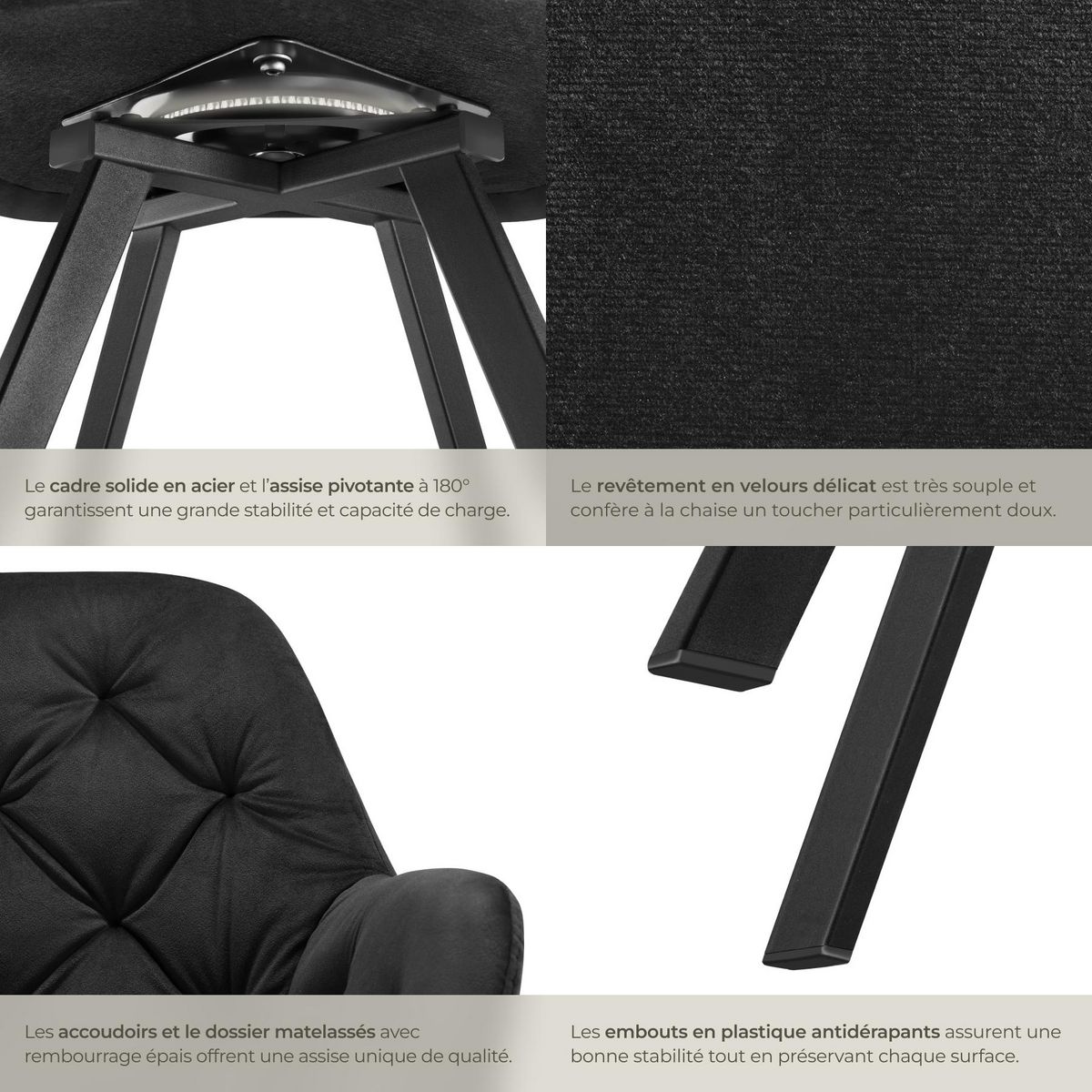 tectake Fauteuil pivotant en velours avec accoudoirs rembourré avec motif matelassé noir