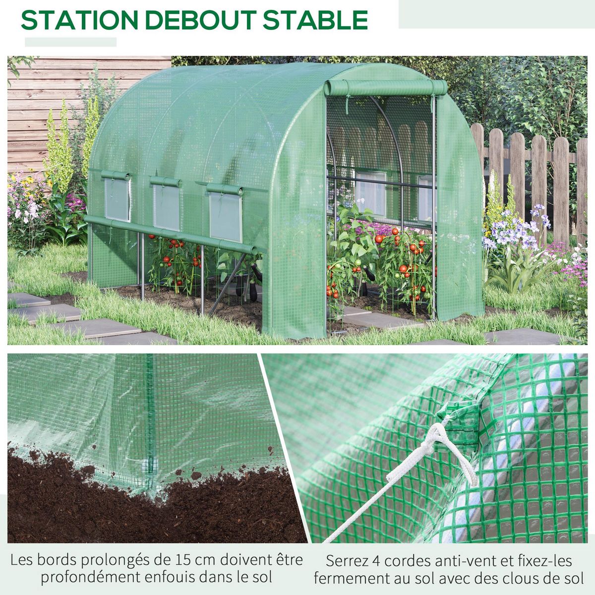 OUTSUNNY Serre de jardin tunnel 6 m² 6 fenêtres porte zippée acier galvanisé PE vert