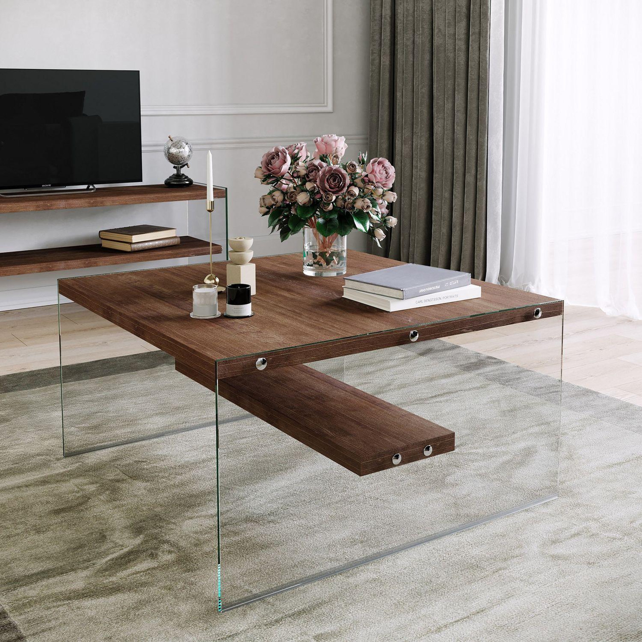 Voir la diapositive 2 : TOILINUX Table basse carrée 1 étagère en bois de pin et sa structure en verre - marron