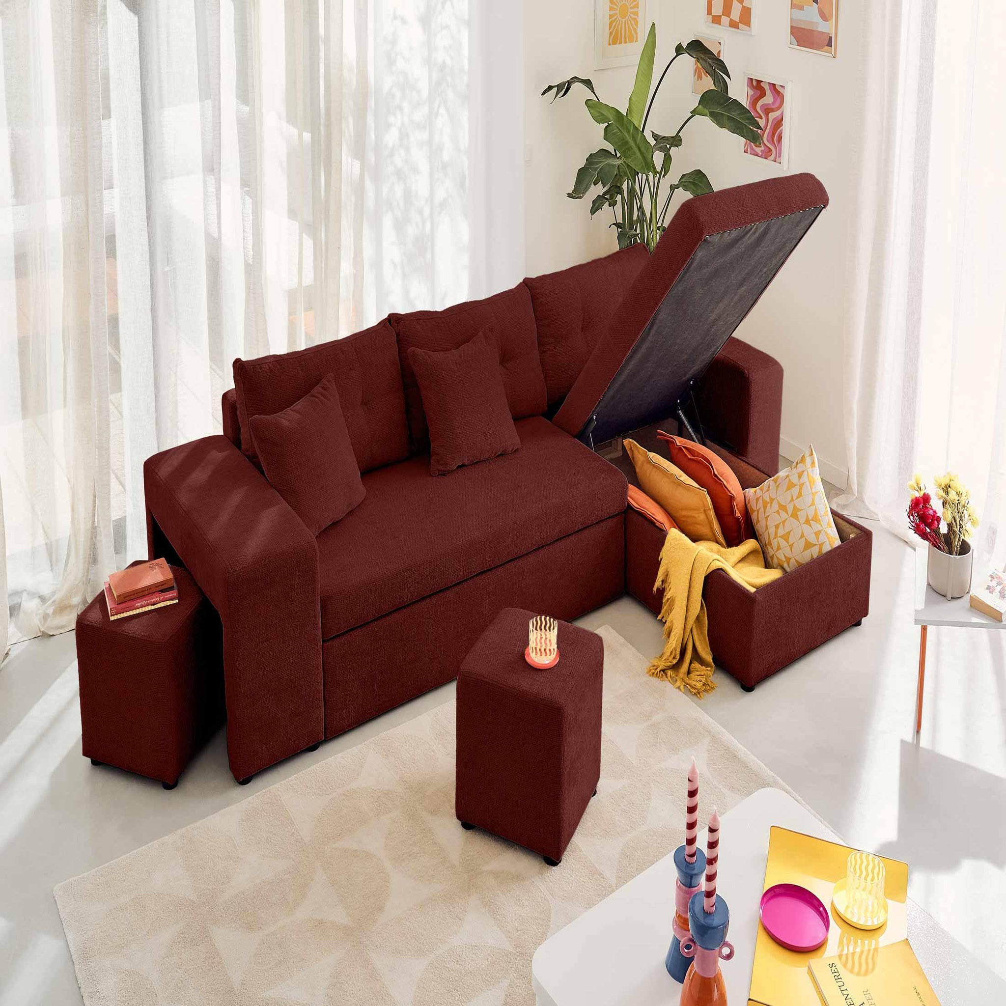 Voir la diapositive 3 : BEST MOBILIER California - canapé d'angle réversible 4 places - convertible avec coffre, étagère et poufs - en velours texturé