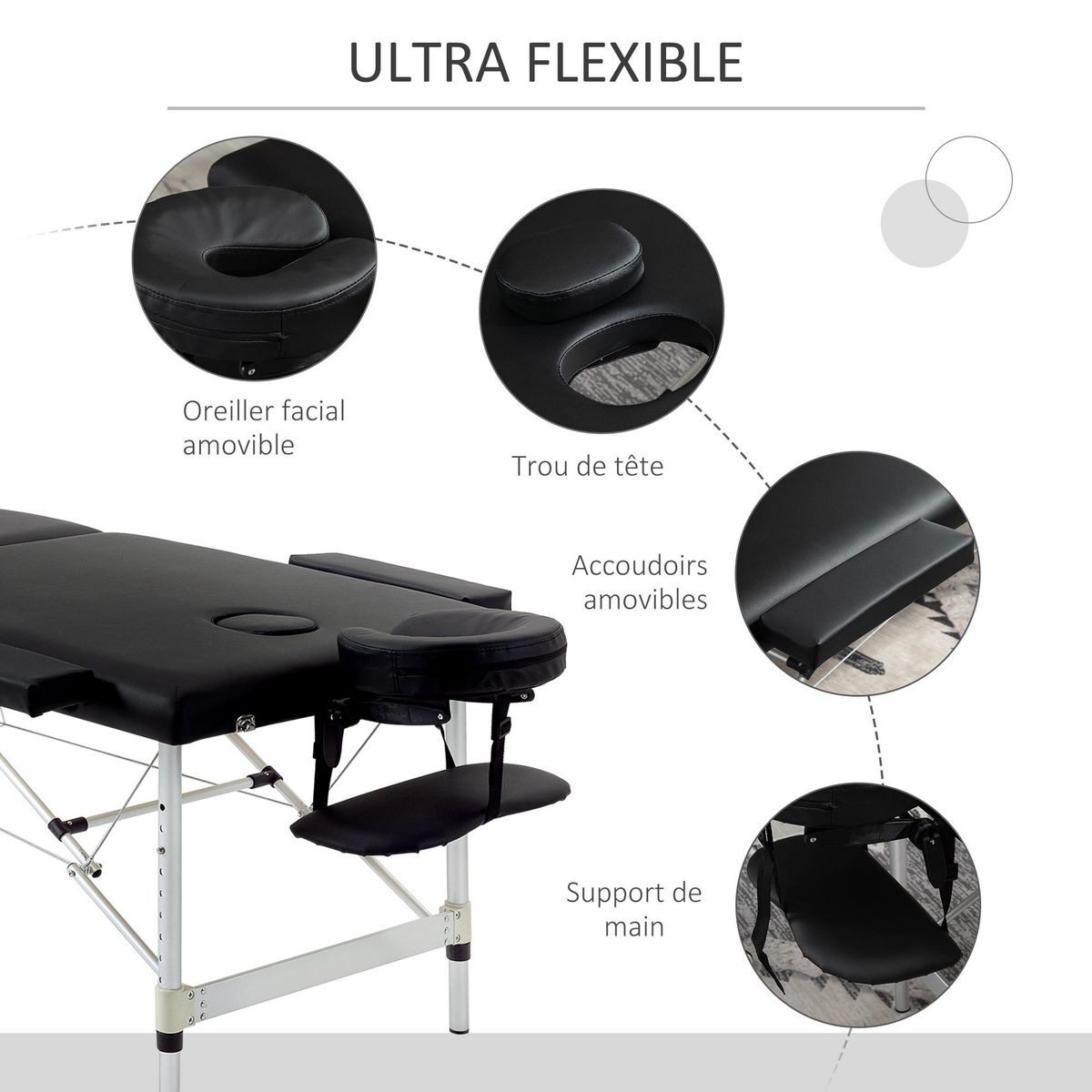 HOMCOM Table de massage pliable 3 zones hauteur réglable dim. 185L x 70l x 59-84H cm sac transport alu. synthétique PVC noir