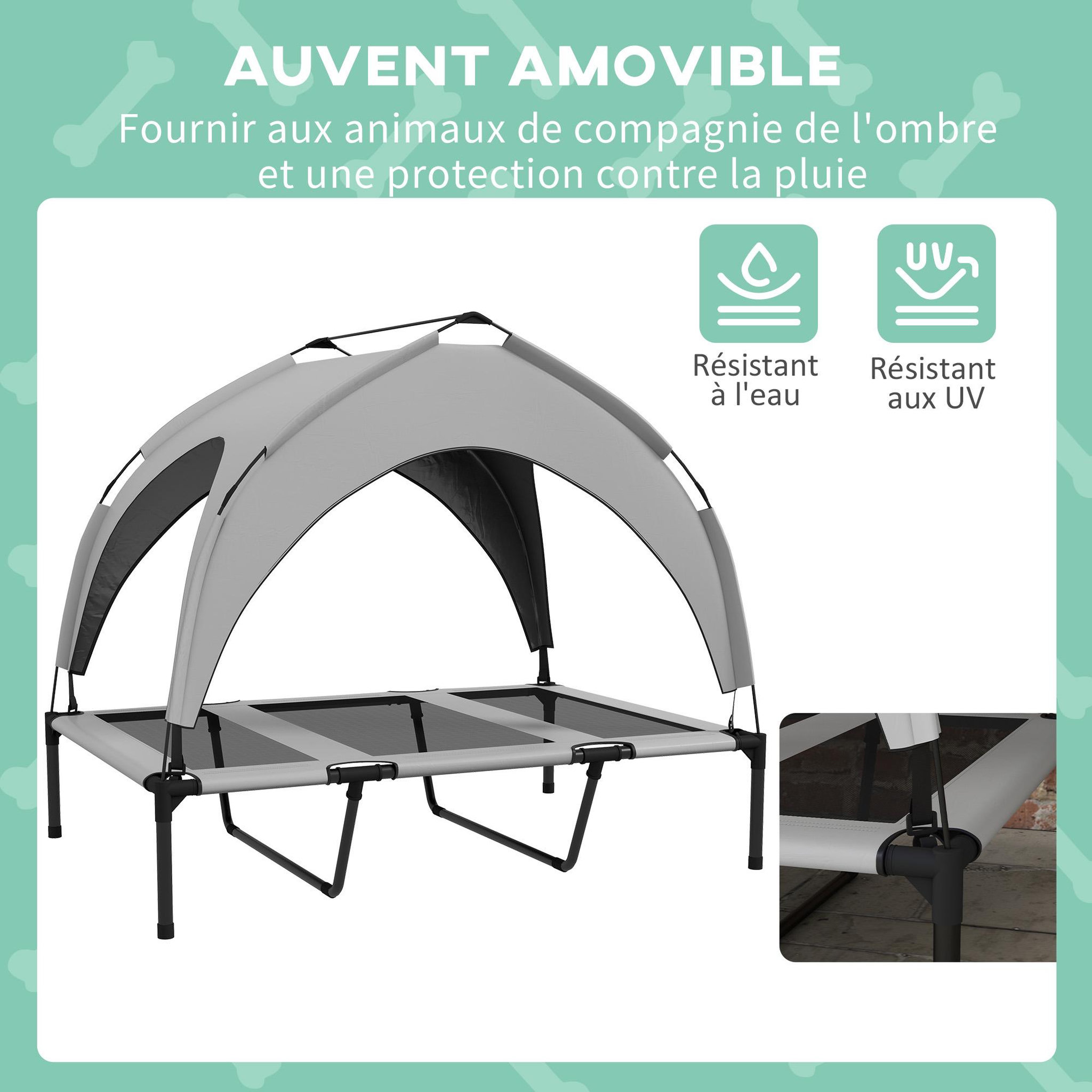 Voir la diapositive 5 : PAWHUT Lit chien sur pied avec voile ombrage - 106 x 76 x 94 cm - sac de transport - gris