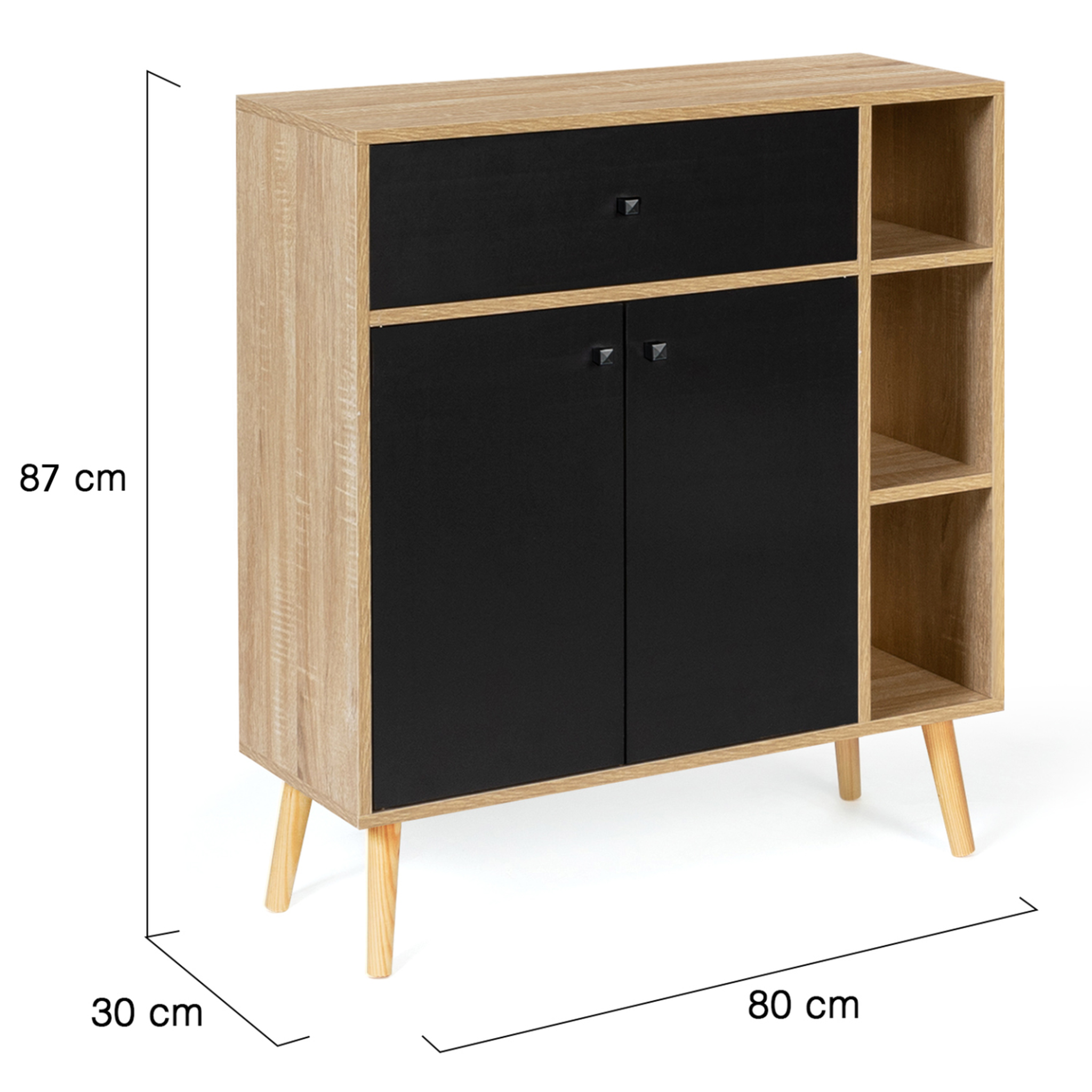 Voir la diapositive 4 : ID MARKET Meuble de rangement emmie scandinave bois et noir avec placard et tiroir