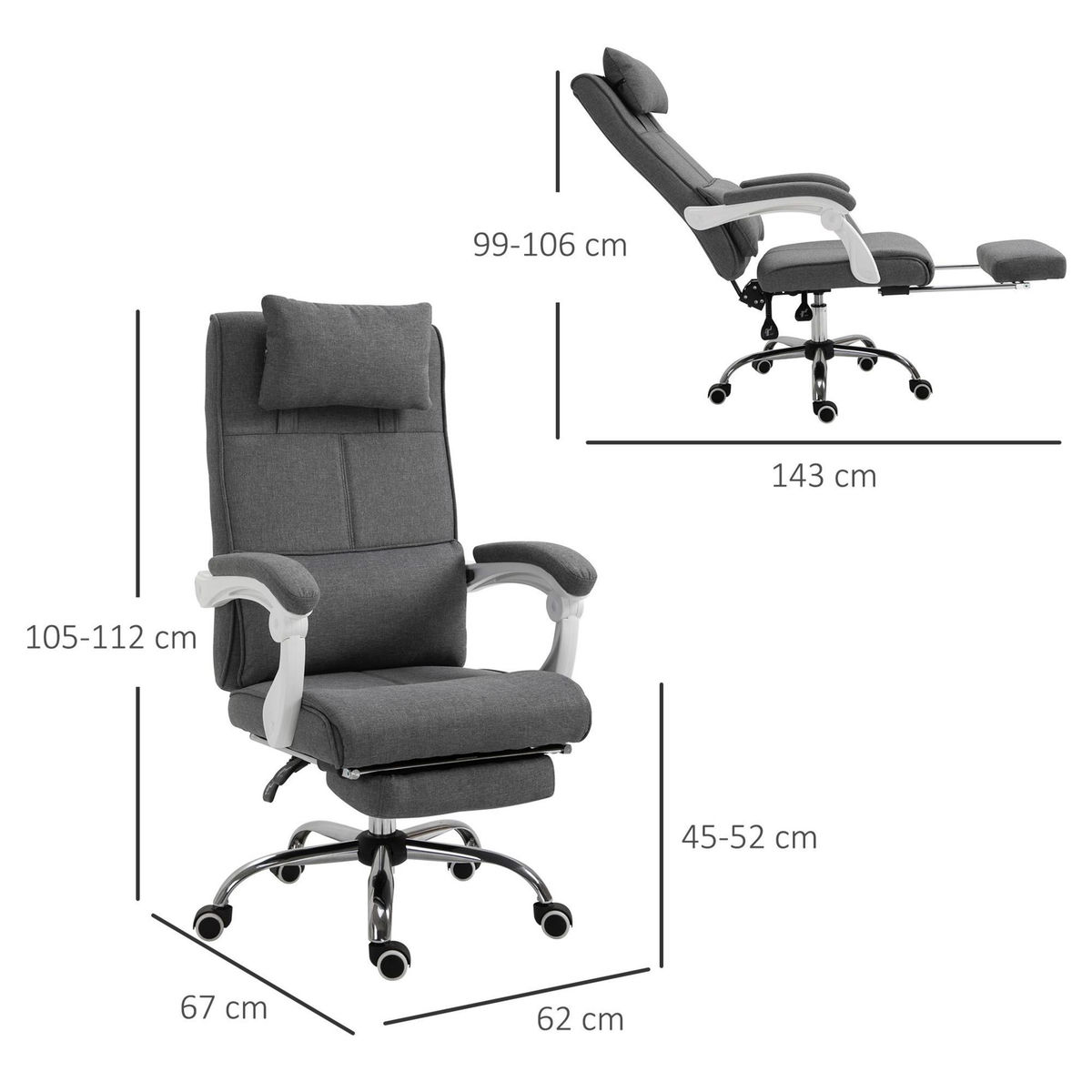 HOMCOM HOMCOM Fauteuil de bureau manager grand confort repose-pied tétière intégrés dossier inclinable lin gris