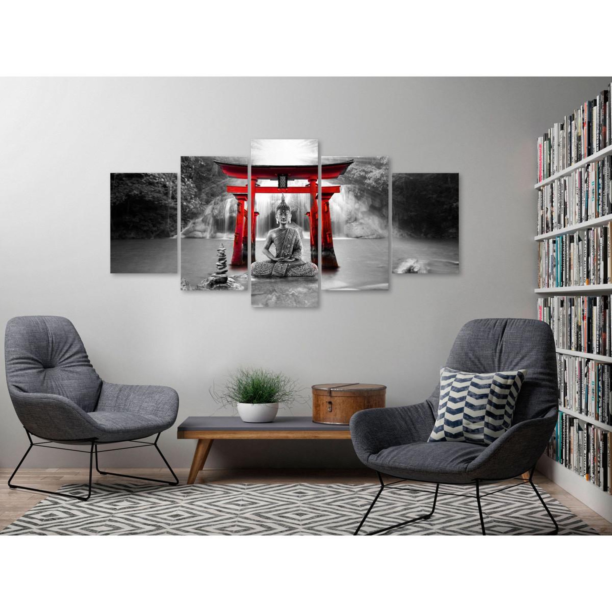 Voir la diapositive 2 : Paris Prix Tableau imprimé 5 panneaux  buddha smile wide red