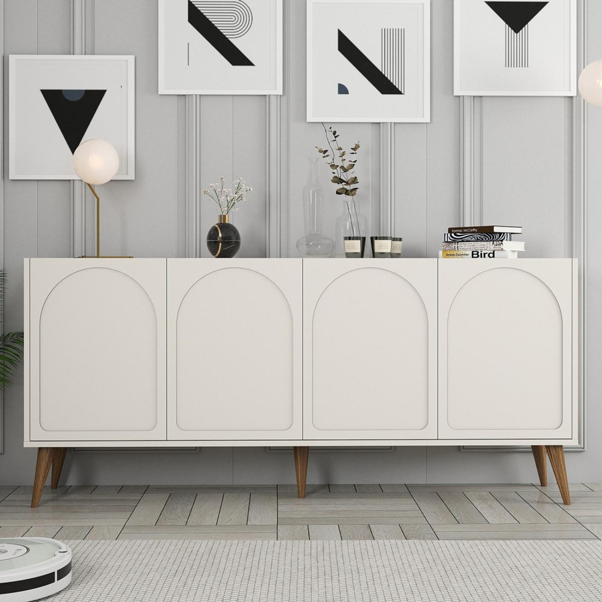 Voir la diapositive 2 : CONCEPT USINE Buffet 4 portes design arrondi crème 180x81cm lister
