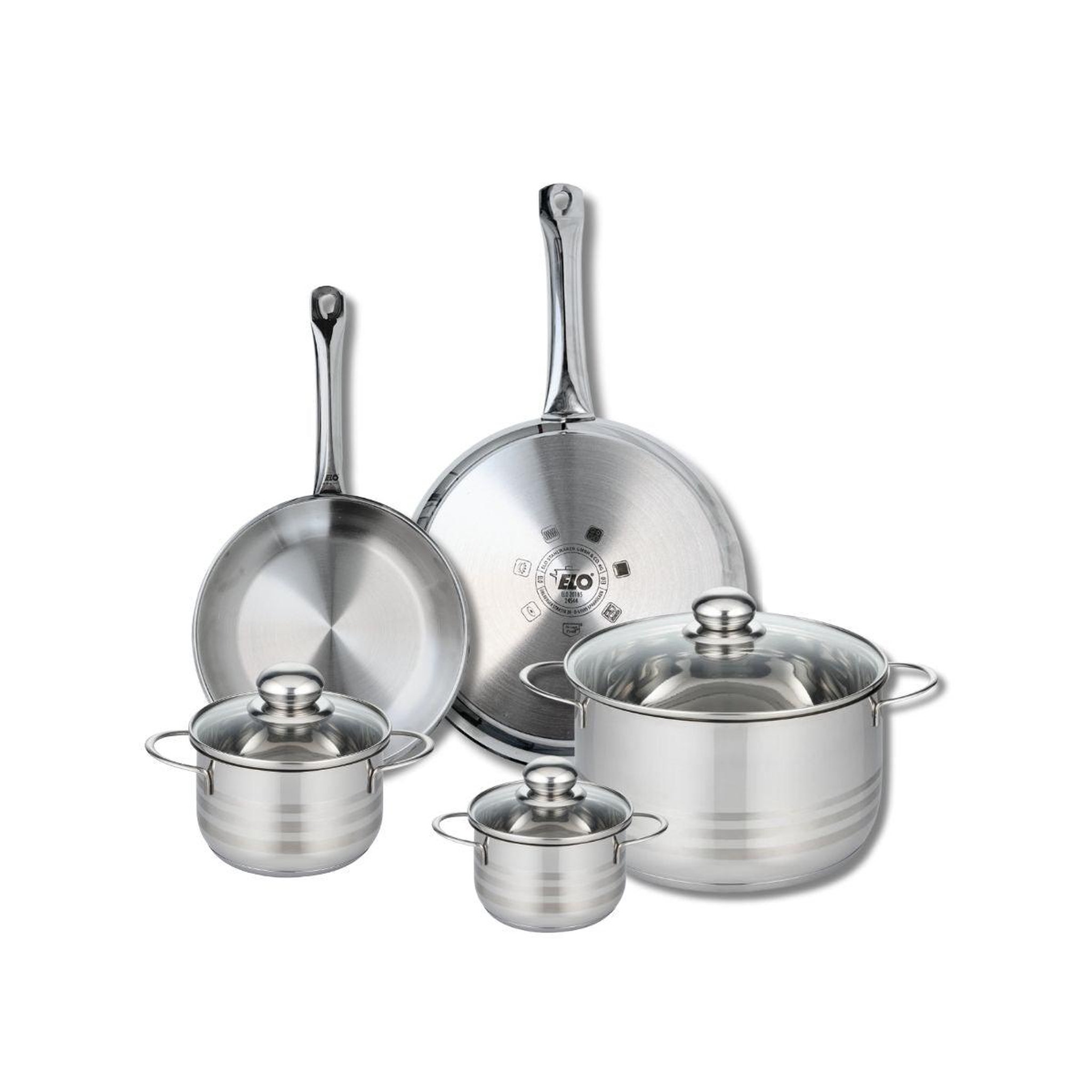 ELO Ensemble de 2 poêles de cuisson 24 et 28 cm et 3 faitouts 12, 14 et 24 cm elo profi brillant
