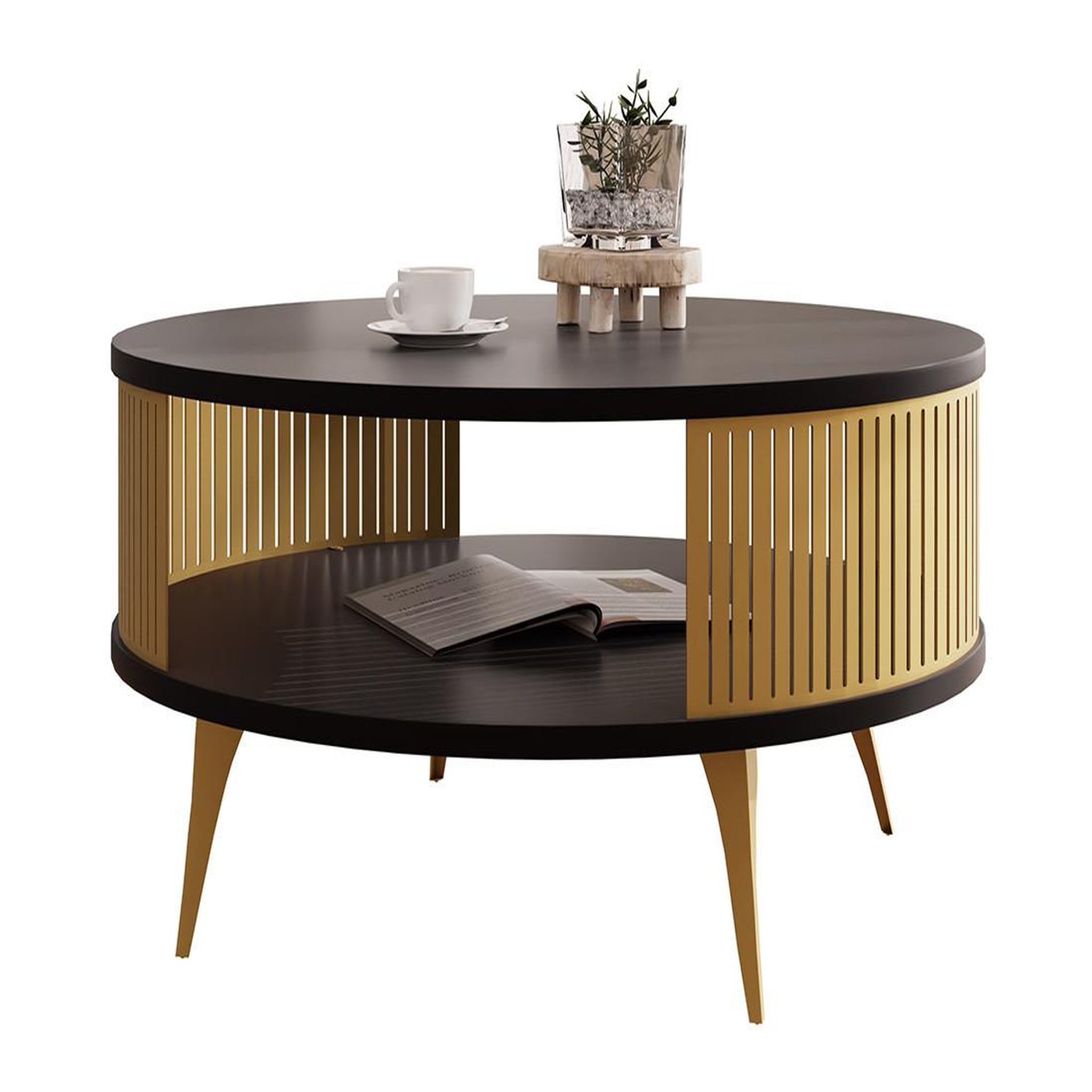 Voir la diapositive 2 : BEST MOBILIER Forini - table basse ronde - noir et doré - 1 niche - 75 cm