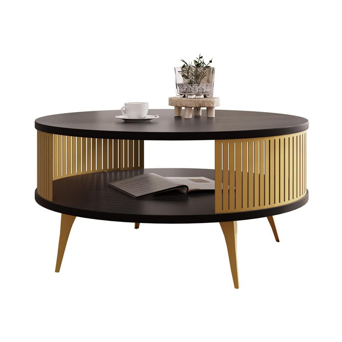 BEST MOBILIER Forini - table basse ronde - noir et doré - 1 niche - 75 cm