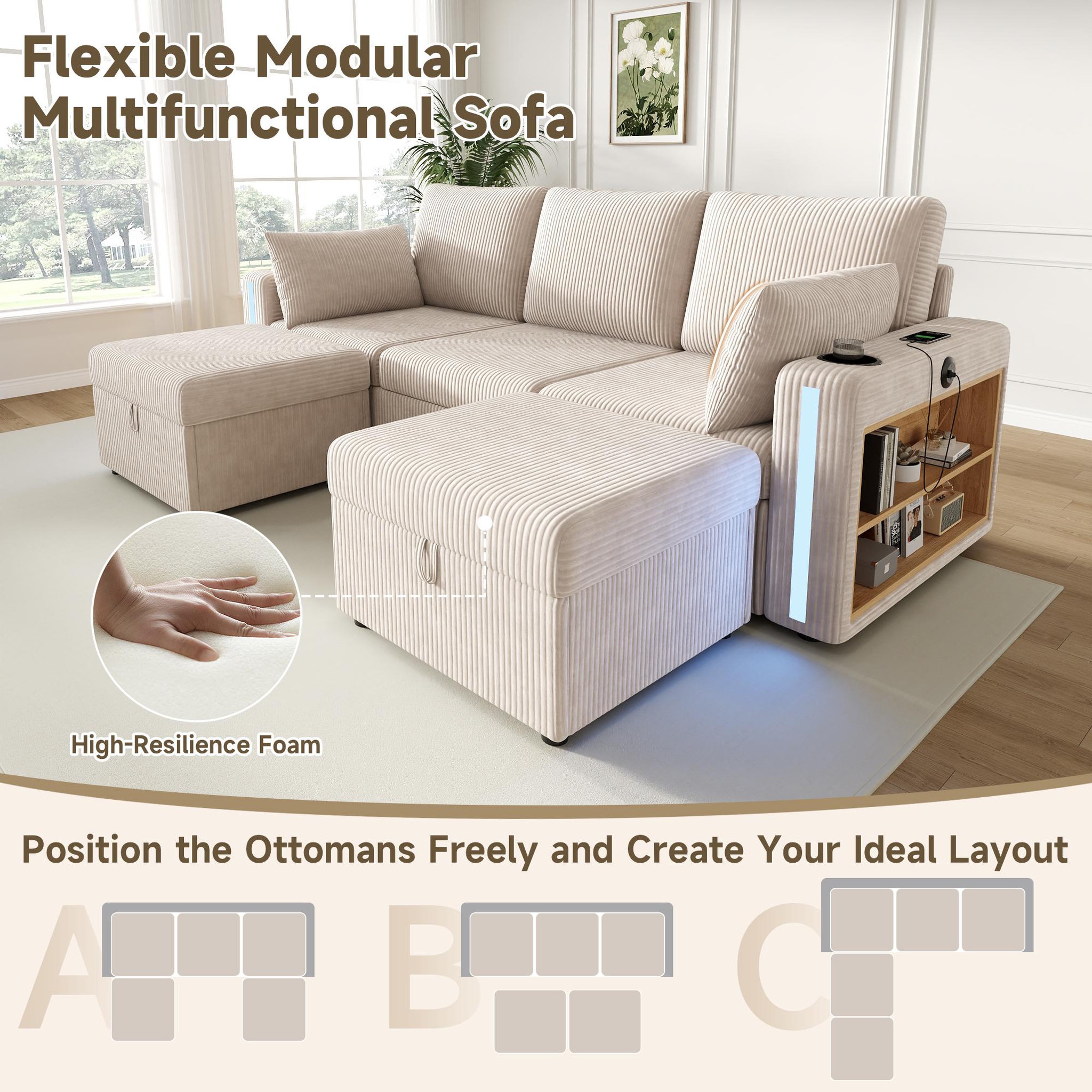 Voir la diapositive 5 : MERAX Canapé d'angle modulable 5 places u/l avec rangement led usb type-c tissu côtelé