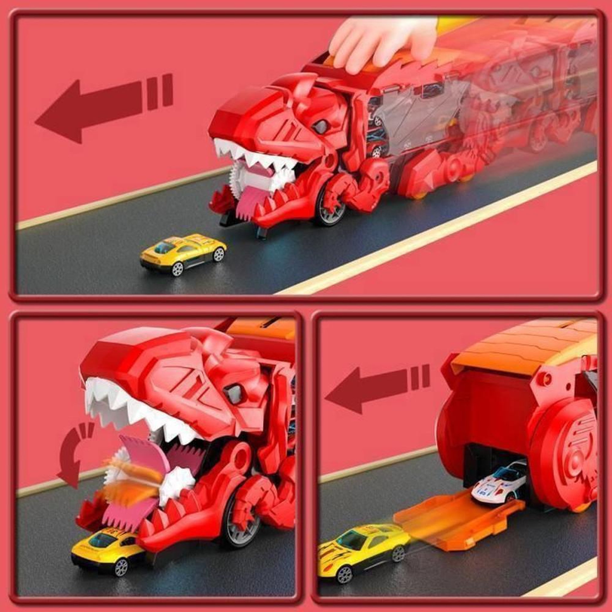 Voir la diapositive 4 : Porte-voitures dinosaure pliable, garage à 2 niveaux rouge et 10 voitures moulées sous pression
