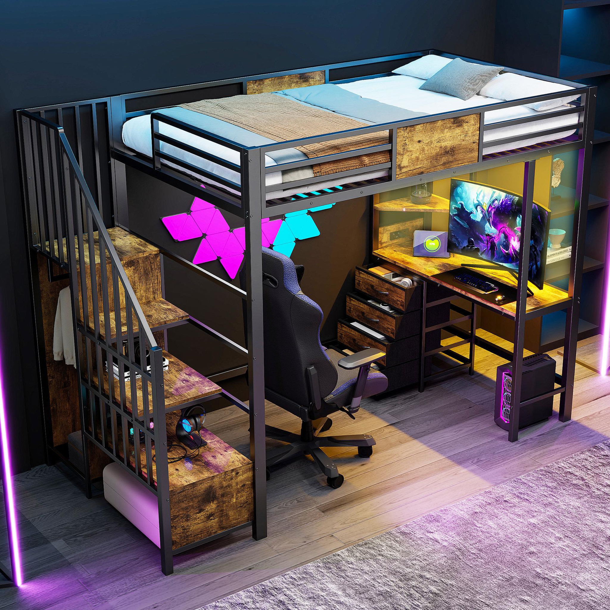 Voir la diapositive 5 : MERAX Lit mezzanine 90x200 cm coloris noir led métal