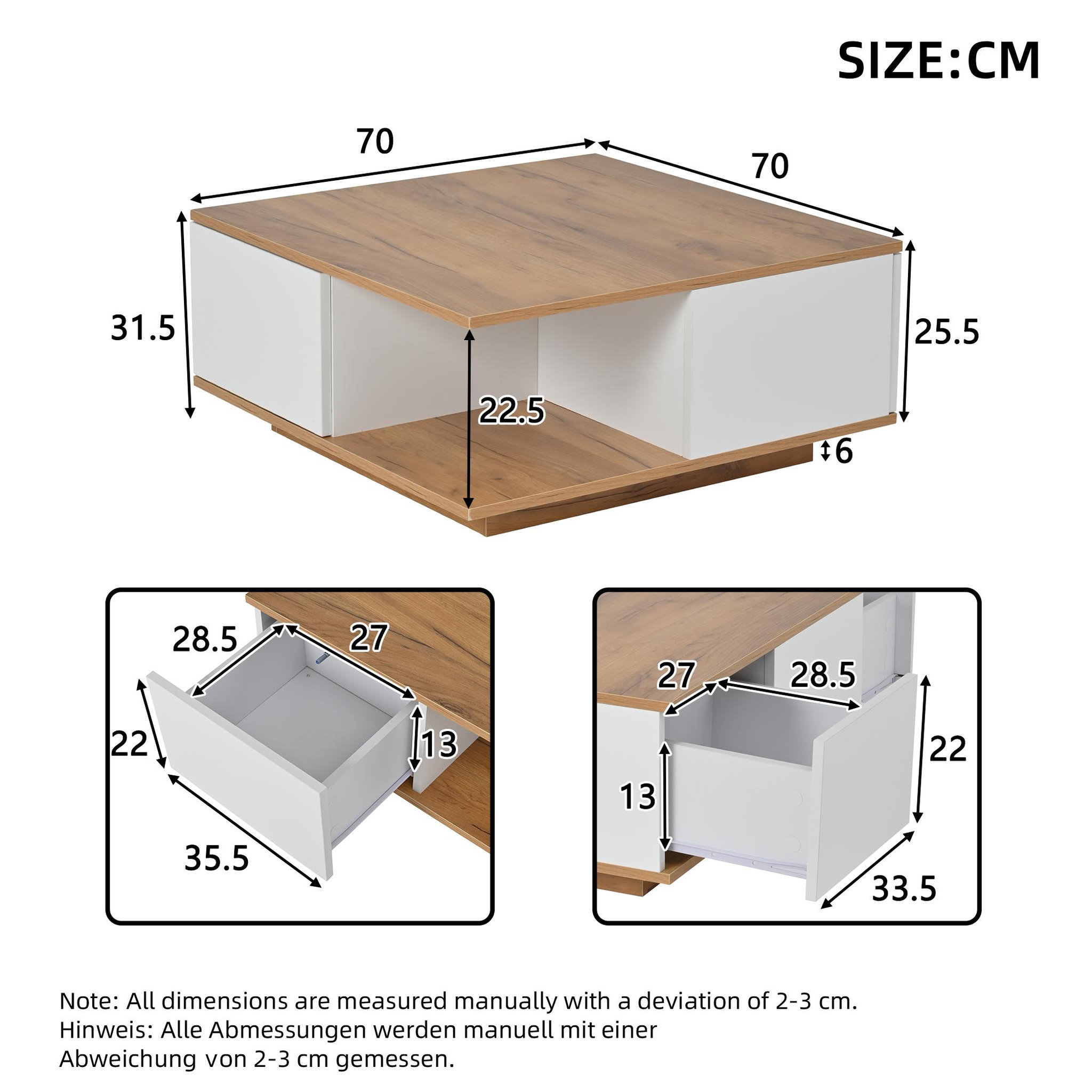 Voir la diapositive 3 : MERAX Table basse carrée blanc+naturel avec 3 tiroirs - 70x70 cm panneau de particules