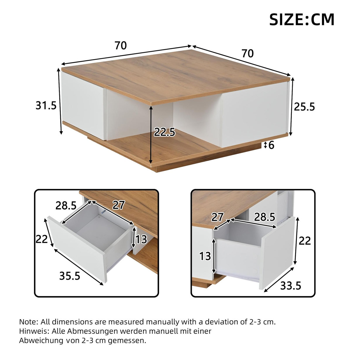 MERAX Table basse carrée blanc+naturel avec 3 tiroirs - 70x70 cm panneau de particules
