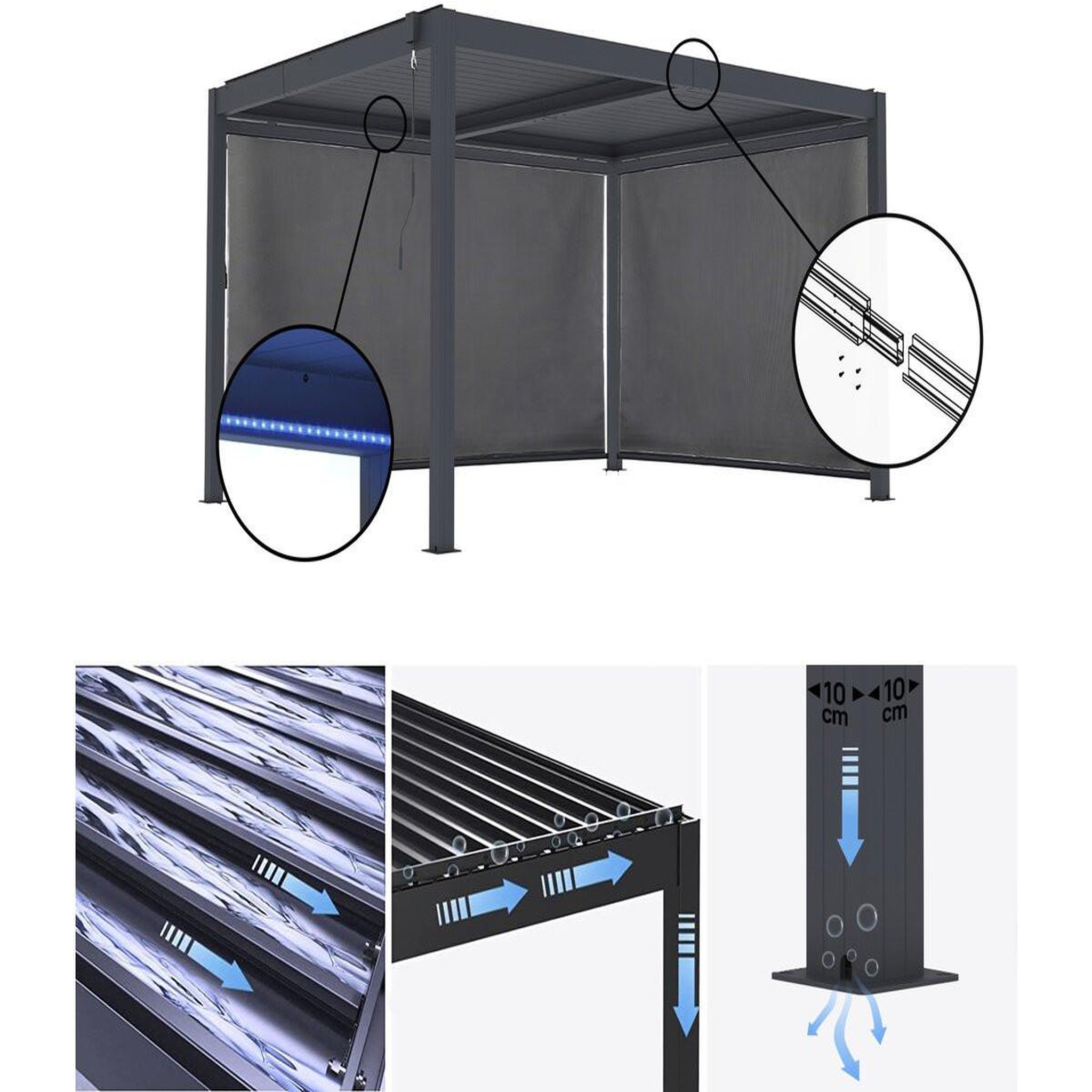 Voir la diapositive 3 : Habitat et Jardin Pergola bioclimatique avec led et 2 stores en aluminium  windsor premium  - 3 x 4 m - gris