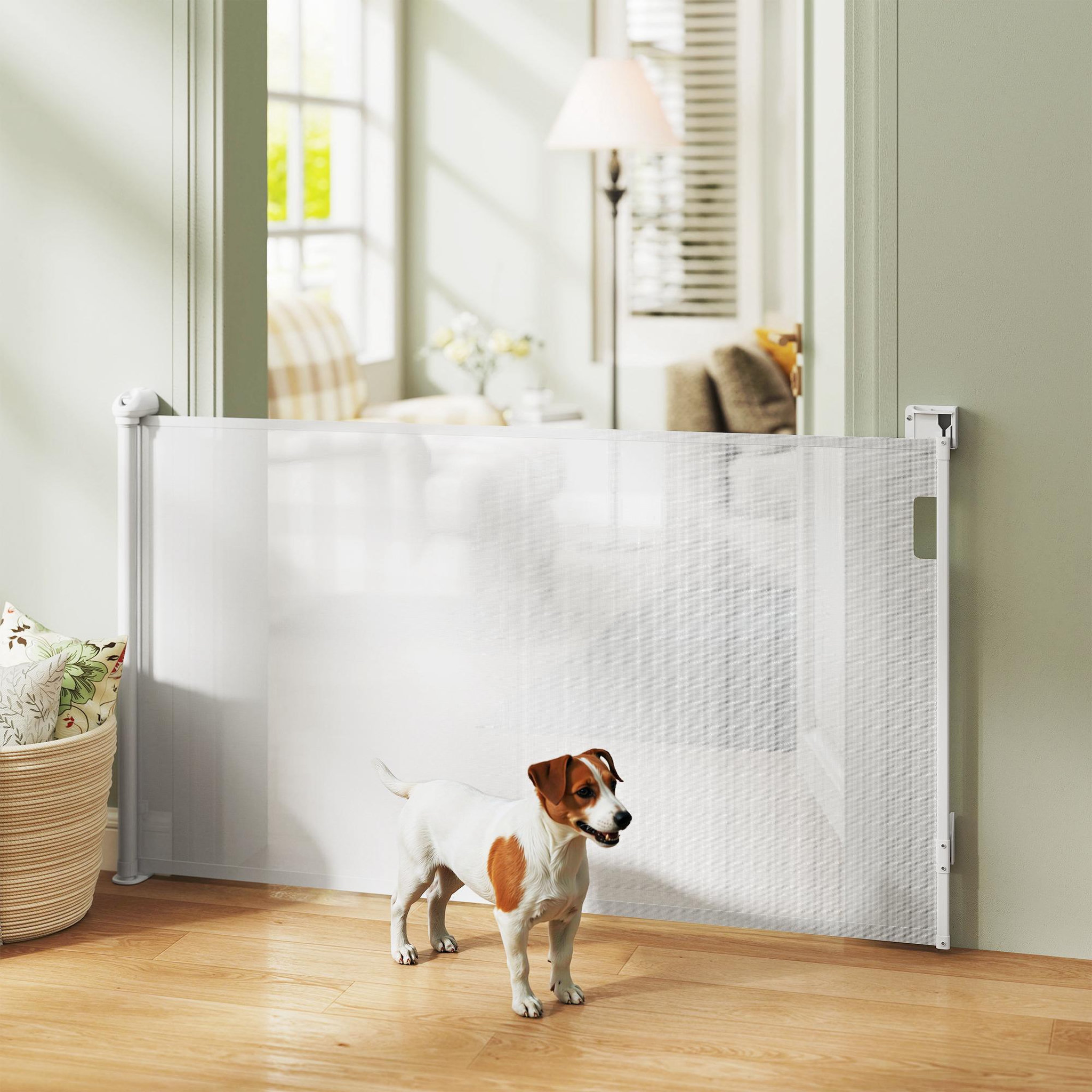 Voir la diapositive 2 : PAWHUT Barrière de sécurité chien rétractable 0-144 cm h.87 cm verrouillage auto alu pvc blanc