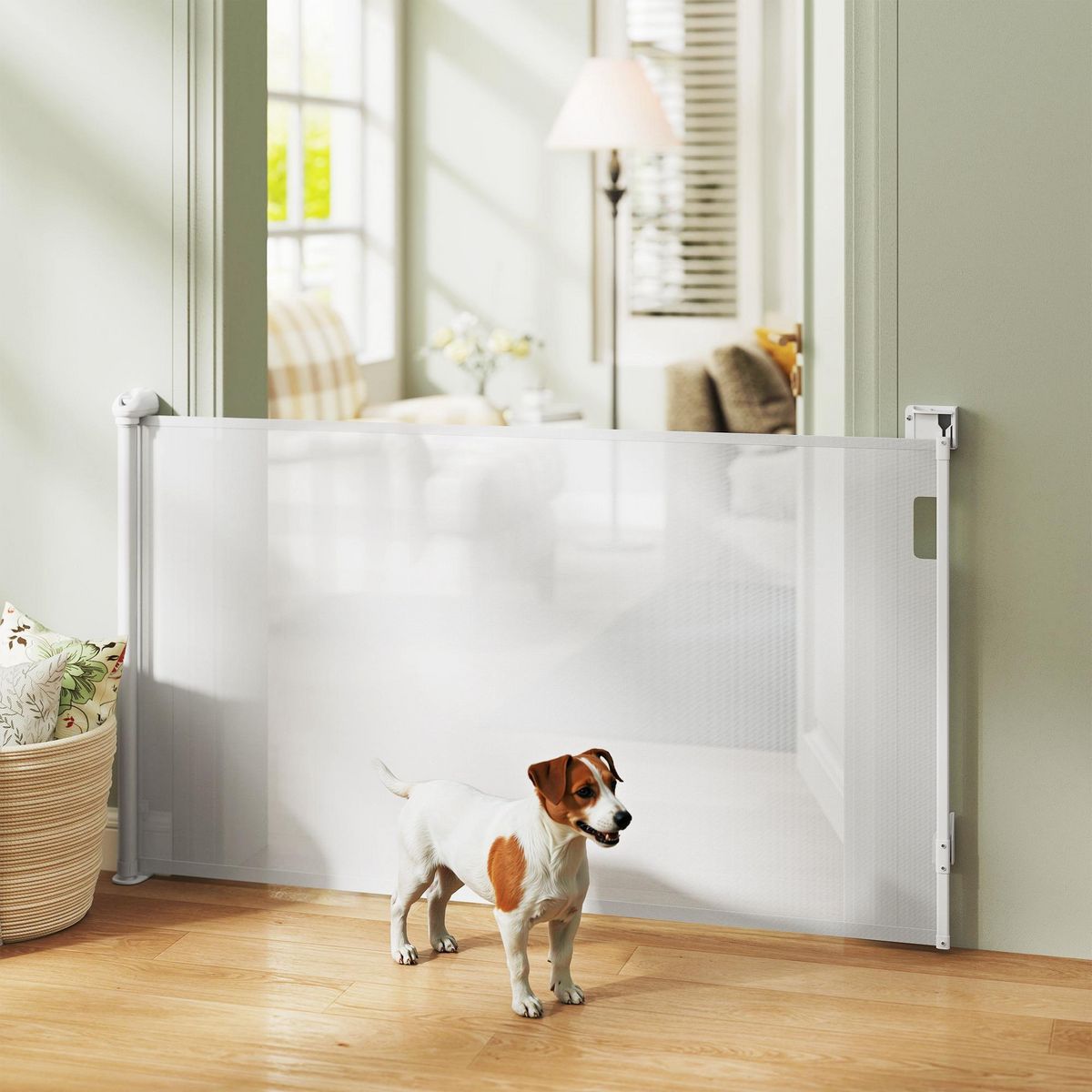 PAWHUT Barrière de sécurité chien rétractable 0-144 cm H.87 cm verrouillage auto alu PVC blanc