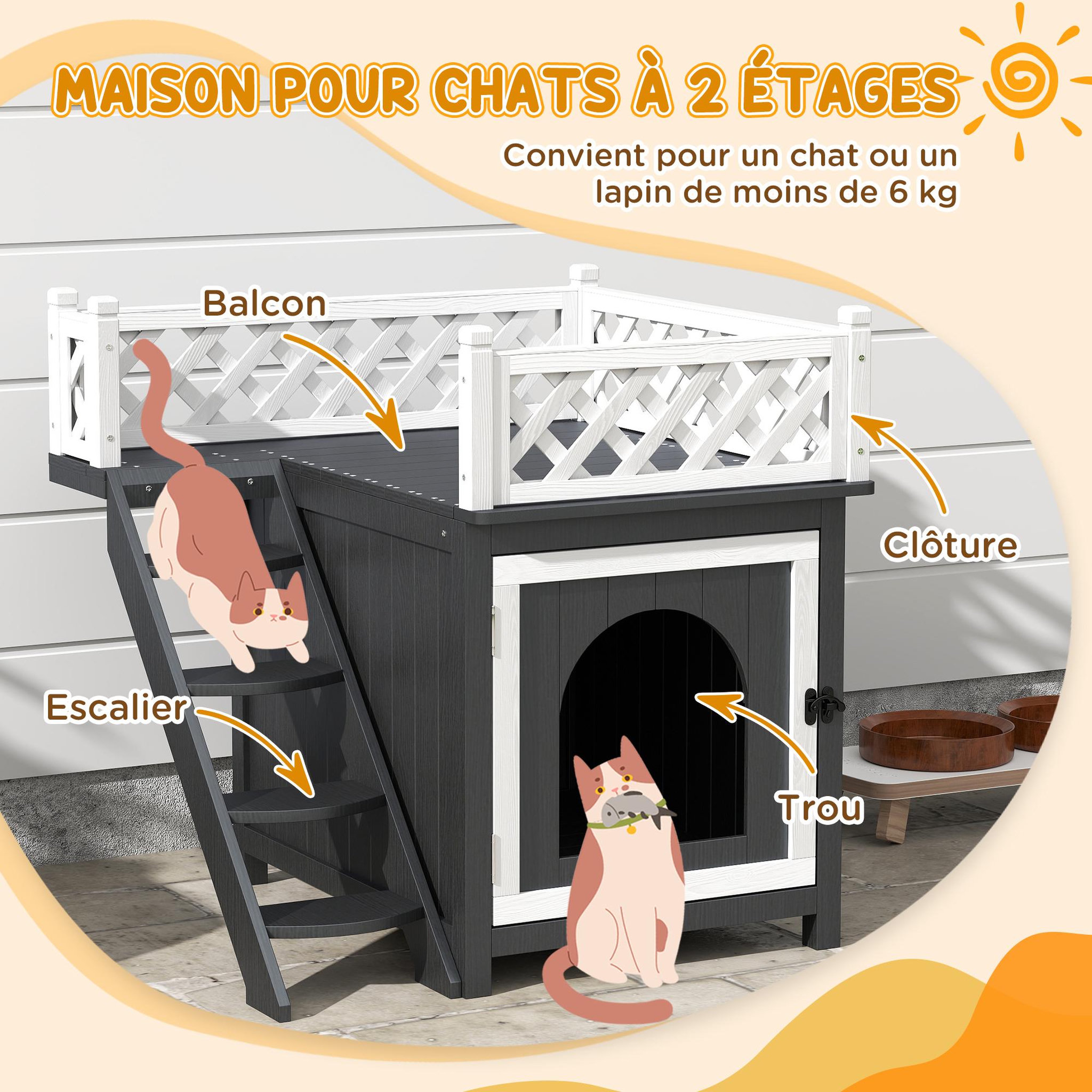 Voir la diapositive 4 : PAWHUT Maison niche chat sur pied - 2 niveaux, porte loquet, terrasse, escalier - bois gris blanc
