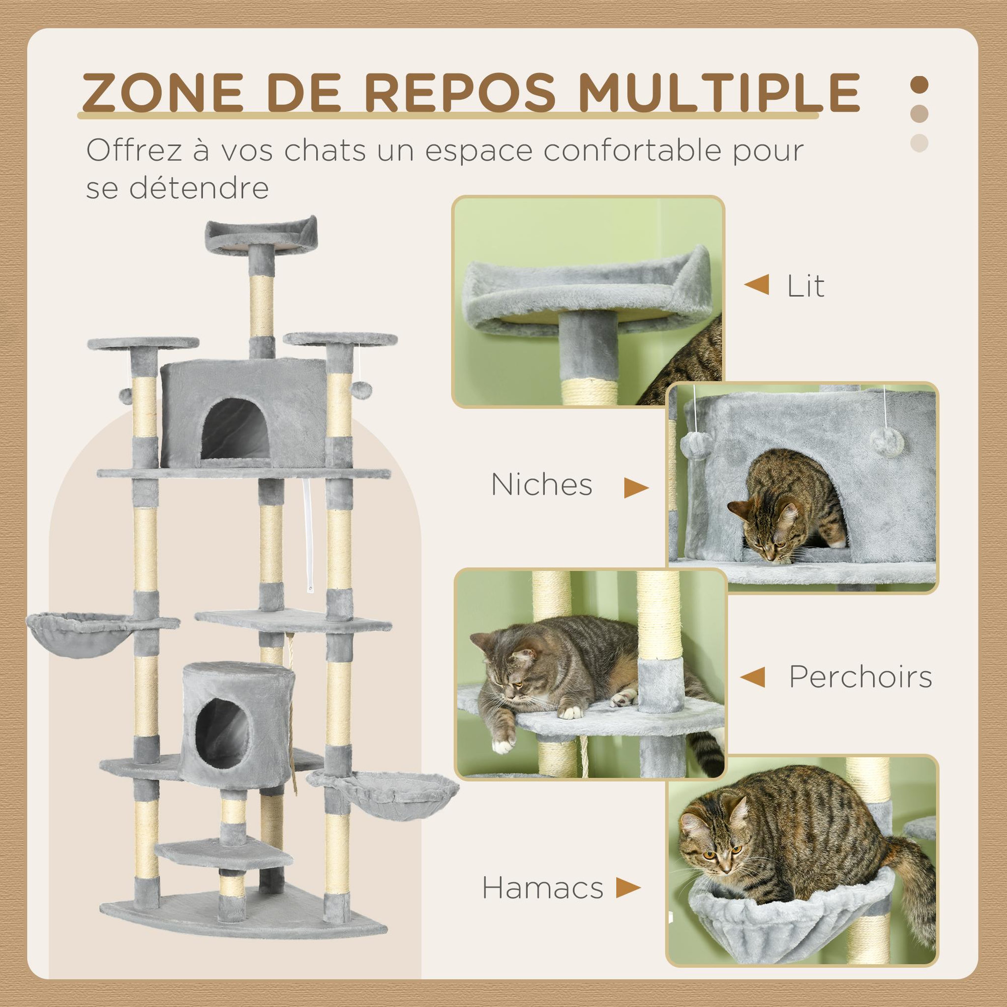 Voir la diapositive 4 : PAWHUT Arbre à chat multi-équipement griffoirs 2 niches 2 hamacs plateformes boules suspendues corde peluche grise