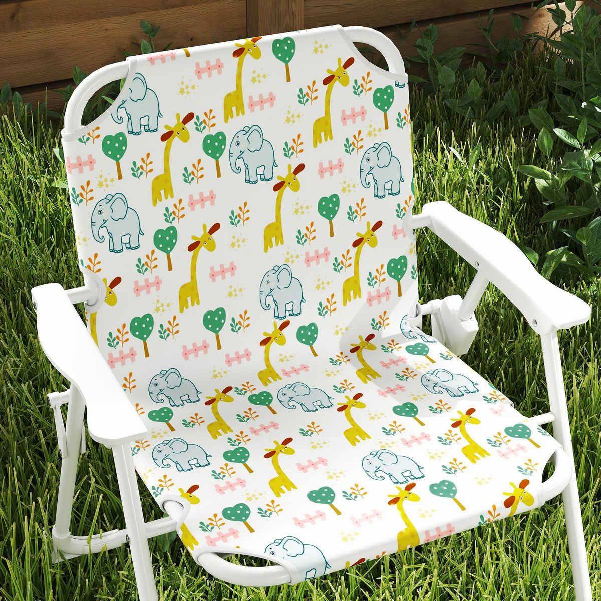 OUTSUNNY Ensemble salon de jardin enfant pliable 2 places 4 pièces motif vie de la savane blanc