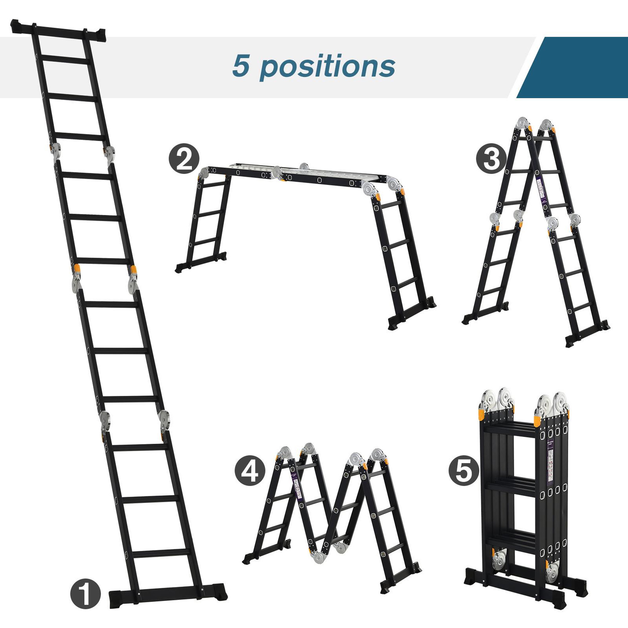 Voir la diapositive 4 : HOMCOM HOMCOM Echelle aluminium pliable multifonction 5 positions 3,7 m 12 échelons certification NF EN131 charge max. 150 Kg noir