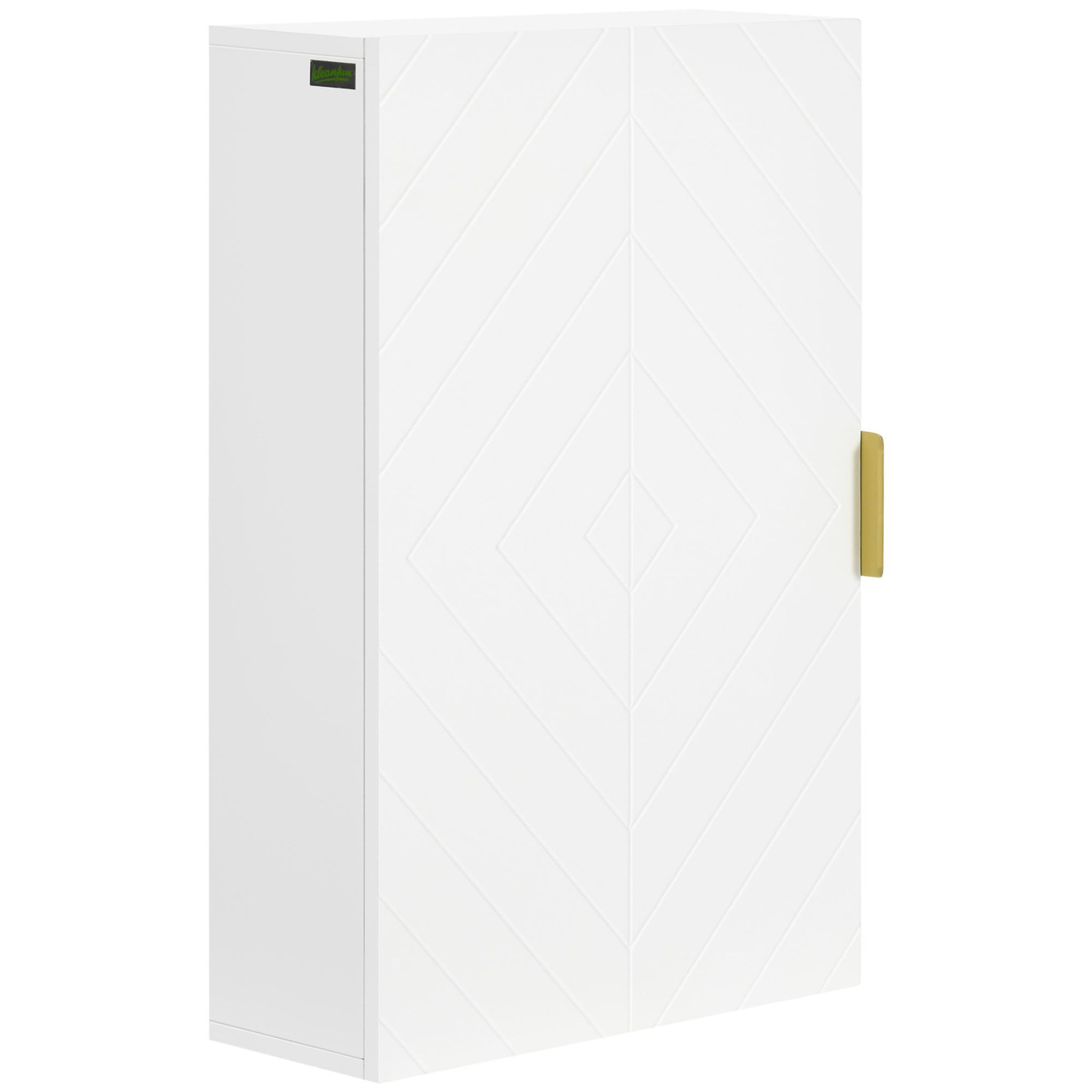 KLEANKIN Armoire murale de salle de bain - porte, 2 étagères - poignée métal doré mdf blanc
