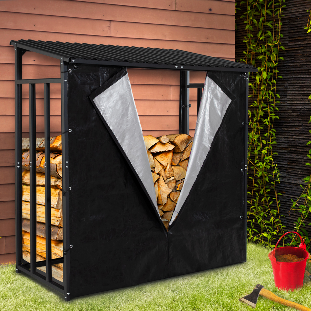 ID MARKET Abri de stockage en acier galvanisé pour bûches L.190 cm avec housse de protection 150 gr