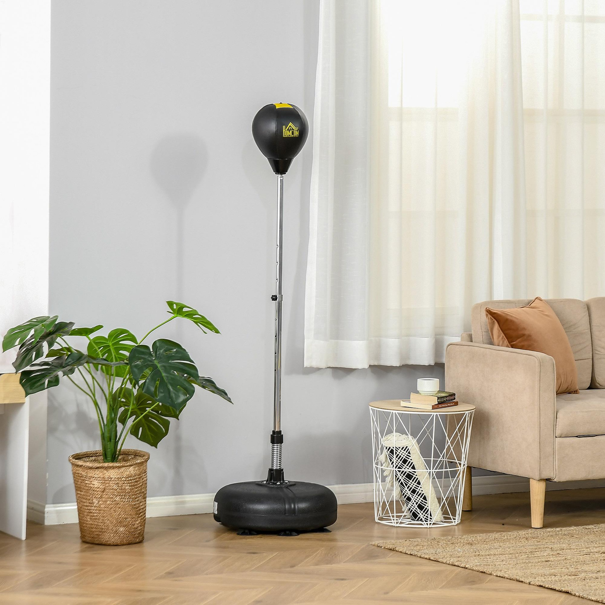 Voir la diapositive 2 : HOMCOM Punching ball sur pied hauteur réglable h.133 -151cm - ressort central, socle ventouses - accessoires - jaune noir