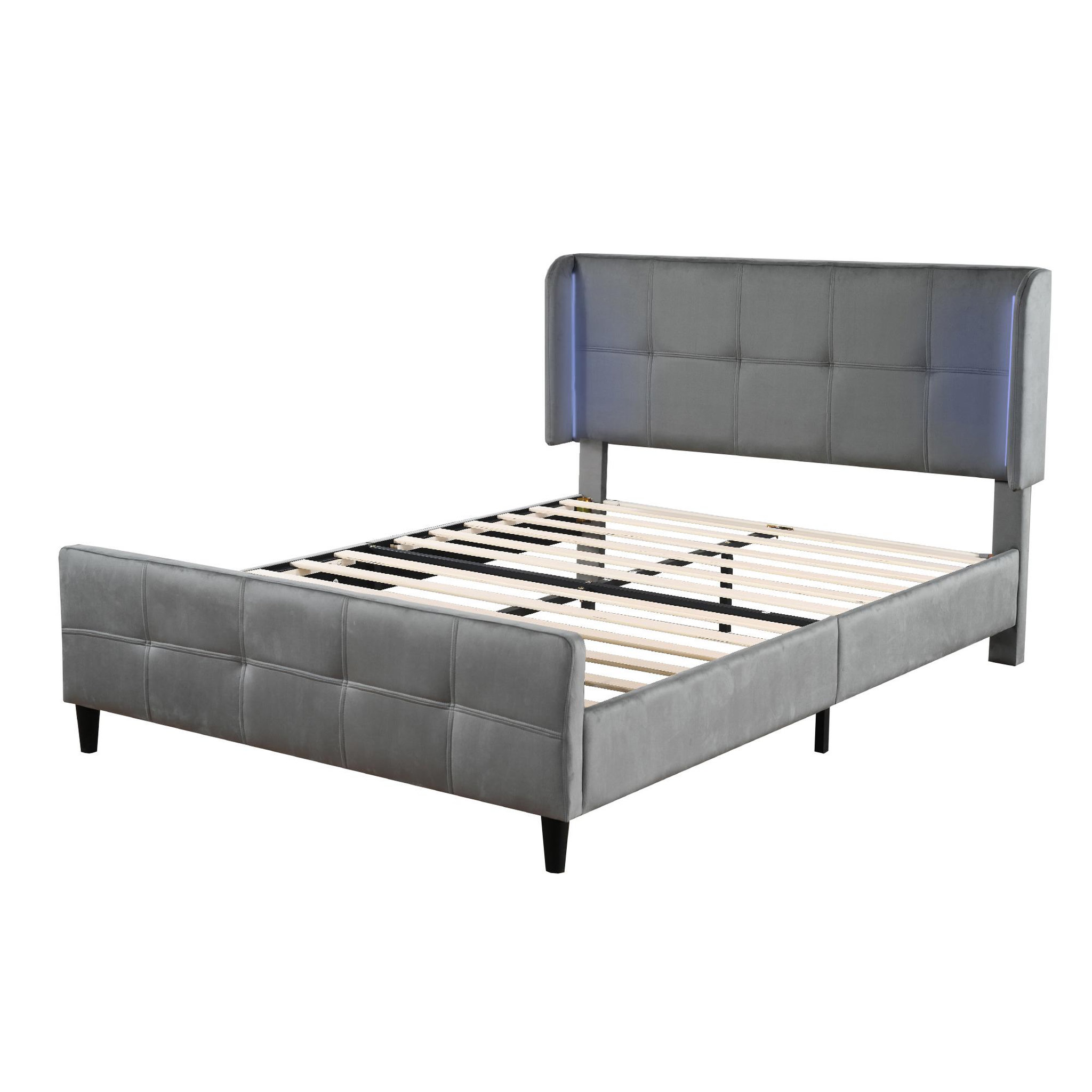MERAX Lit 2 places rembourré 140x200cm velours coloris gris led