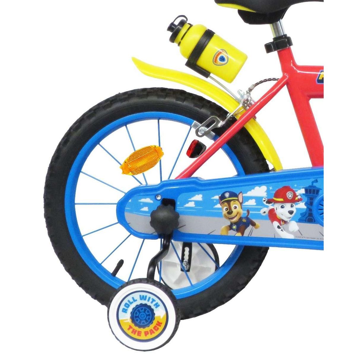 Nickelodeon Vélo enfant 16'' - Modèle Garçon Pat Patrouille pour enfant de 105 à 120 cm avec stabilisateurs - 2 freins - Plaque décorative avant - Bidon arrière et pneus gonflables
