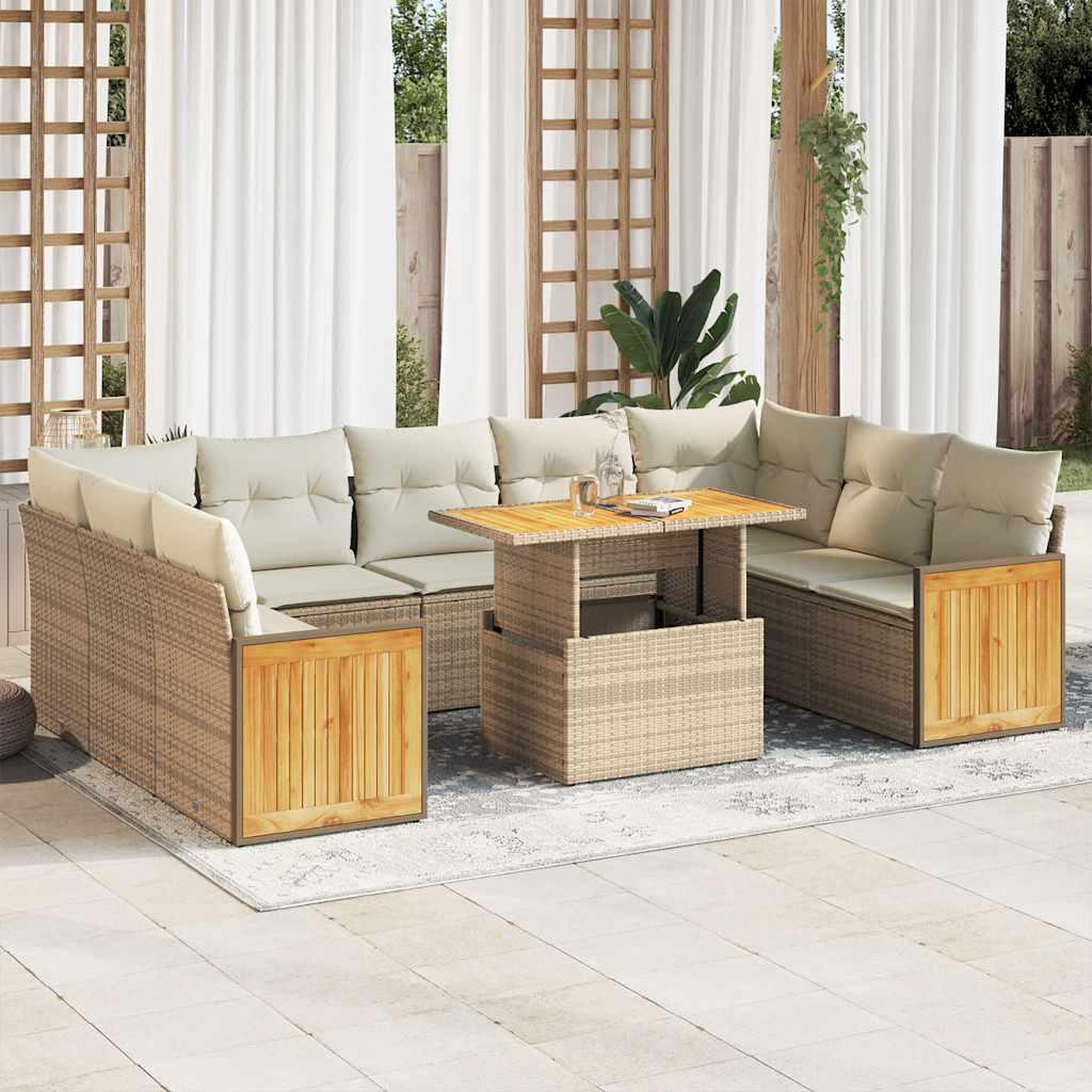 VIDAXL Salon de jardin avec coussins 10pcs beige resine tressee acacia