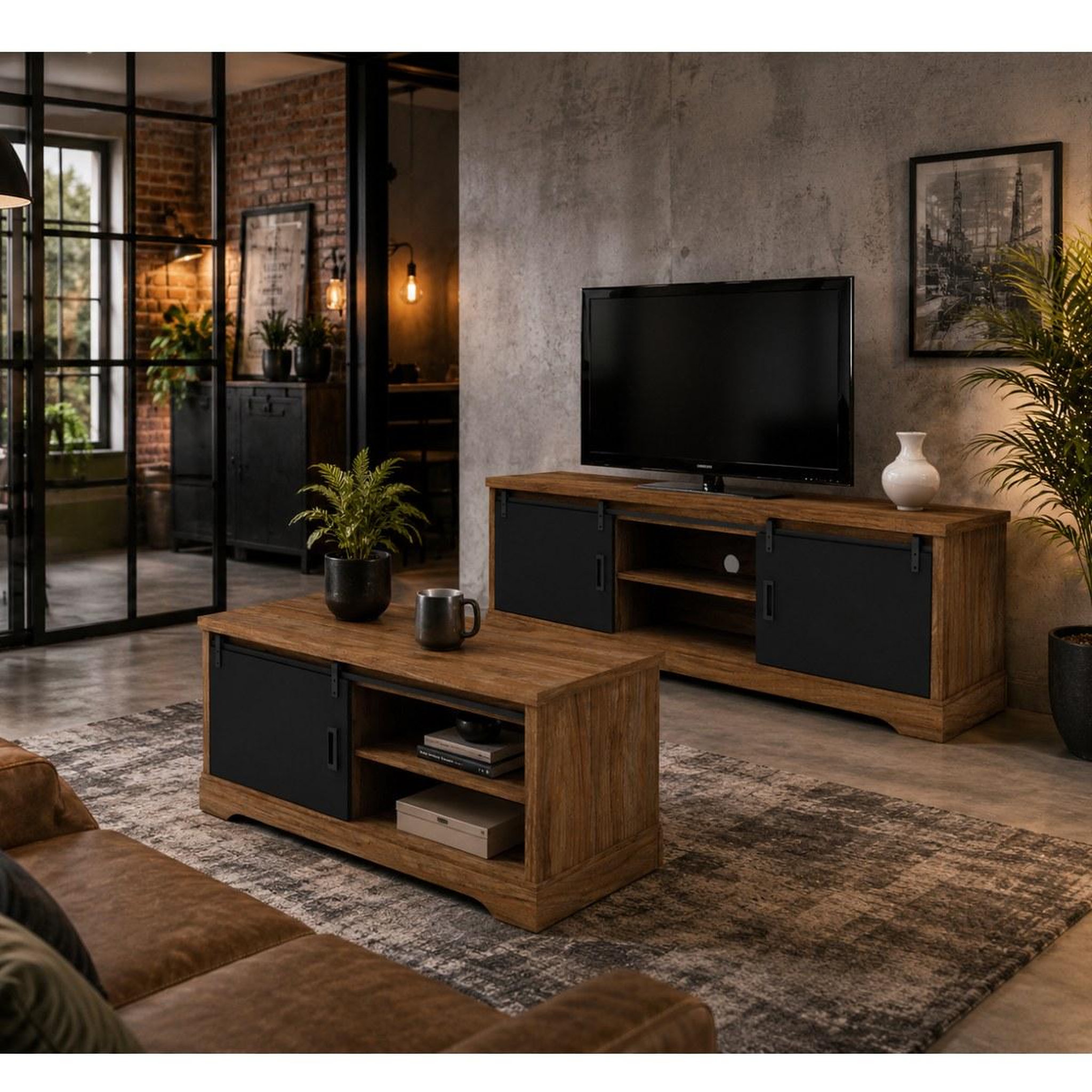 Voir la diapositive 3 : JLC KREATION Table basse industrielle rectangle noir et bois 120cm nova