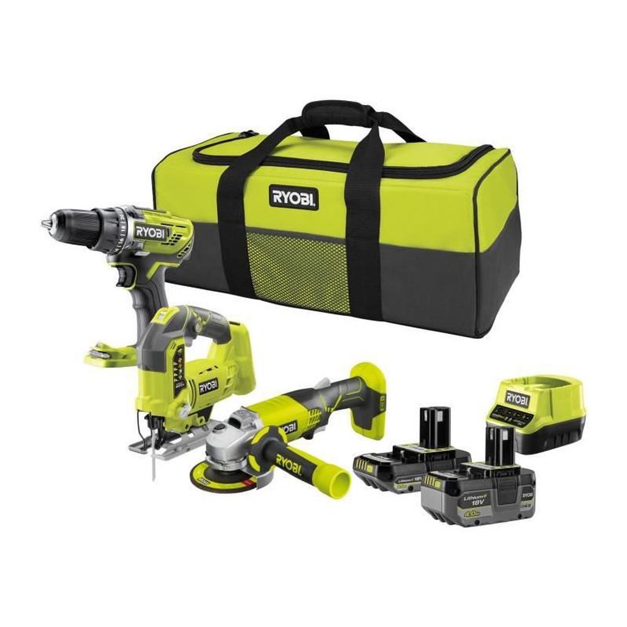 Ryobi RYOBI 3 outils : 1 perceuse-visseuse Brushless + 1 meuleuse 115 mm + 1 scie sauteuse + 2 batteries 4 Ah & 2 Ah + 1 chargeur & 1
