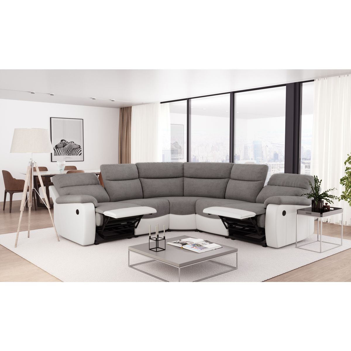 Canapé d'angle relax électrique tissu simili 6 places HELENA