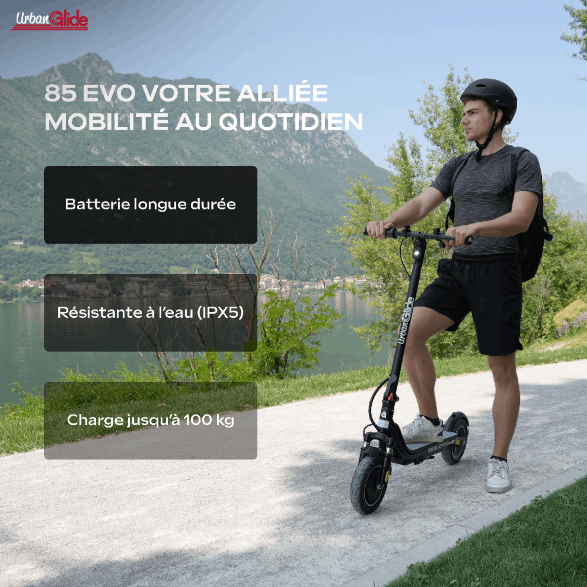 Voir la diapositive 2 : URBANGLIDE 85 evo – batterie 25.2v – pneu 8,5  gonflable – poids 15kg – trottinette électrique adulte urbanglide – autonomie jusqu'a 15 km