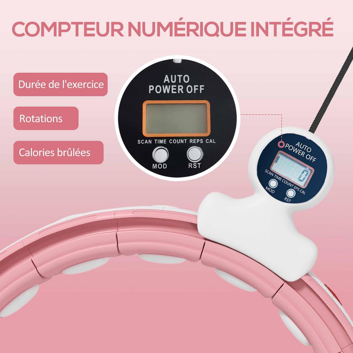 HOMCOM Hula Hoop fitness réglable dia. 76-113 cm - picots massage intégrés, segments amovibles - blanc rose