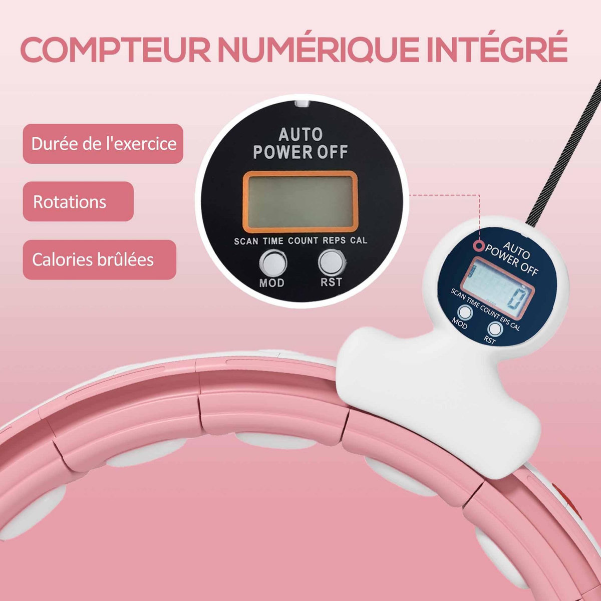 HOMCOM Hula Hoop fitness réglable dia. 76-113 cm - picots massage intégrés, segments amovibles - blanc rose