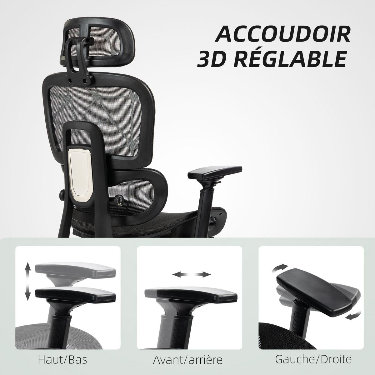 HOMCOM Fauteuil de bureau ergonomique grand confort entièrement réglable tissu maille noir