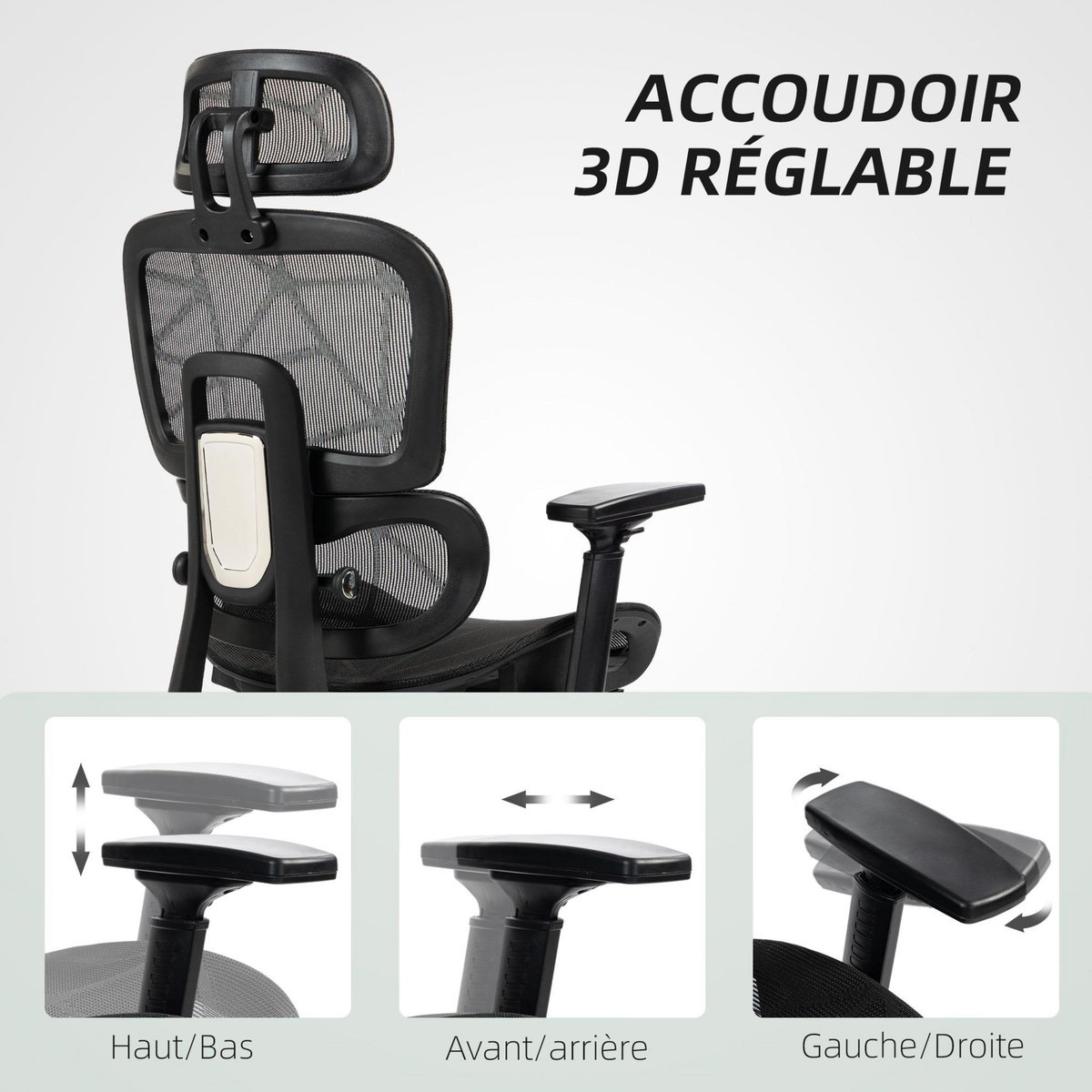 HOMCOM Fauteuil de bureau ergonomique grand confort entièrement réglable tissu maille noir