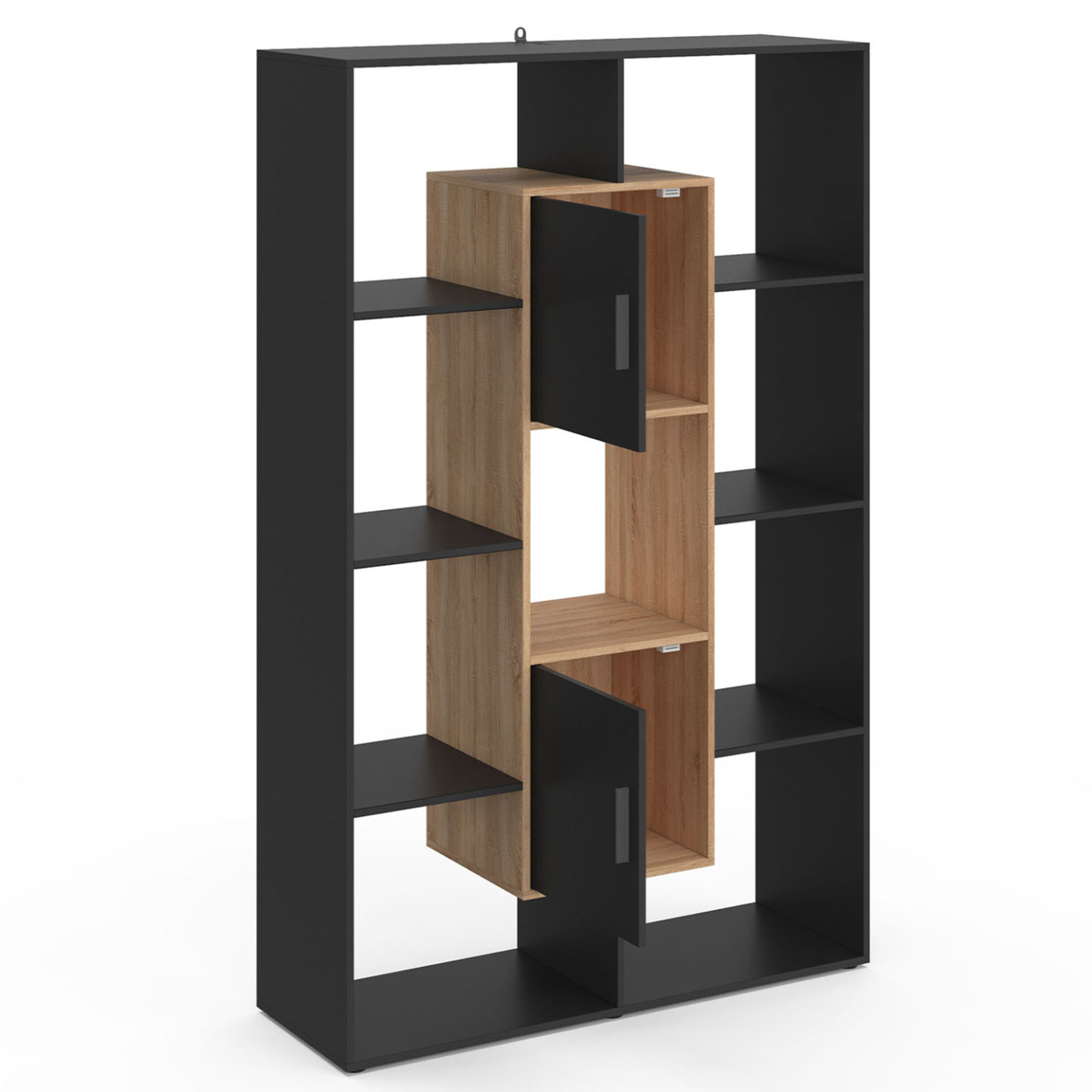 Voir la diapositive 4 : ID MARKET Etagère bibliothèque colette avec 11 compartiments et 2 cases noir et effet bois 143 cm