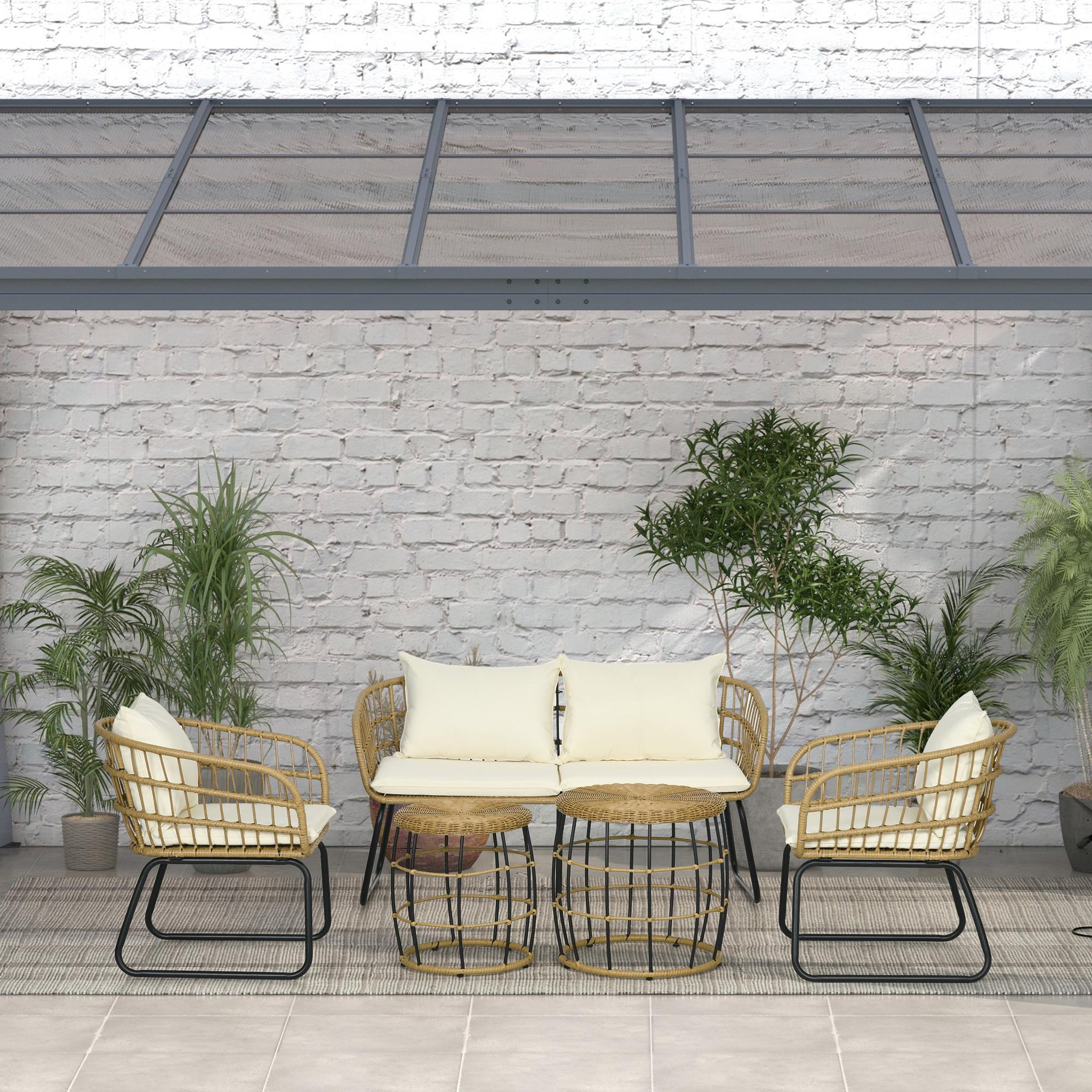 Voir la diapositive 4 : OUTSUNNY Ensemble salon de jardin 4 places 5 pièces avec coussins style bohème chic