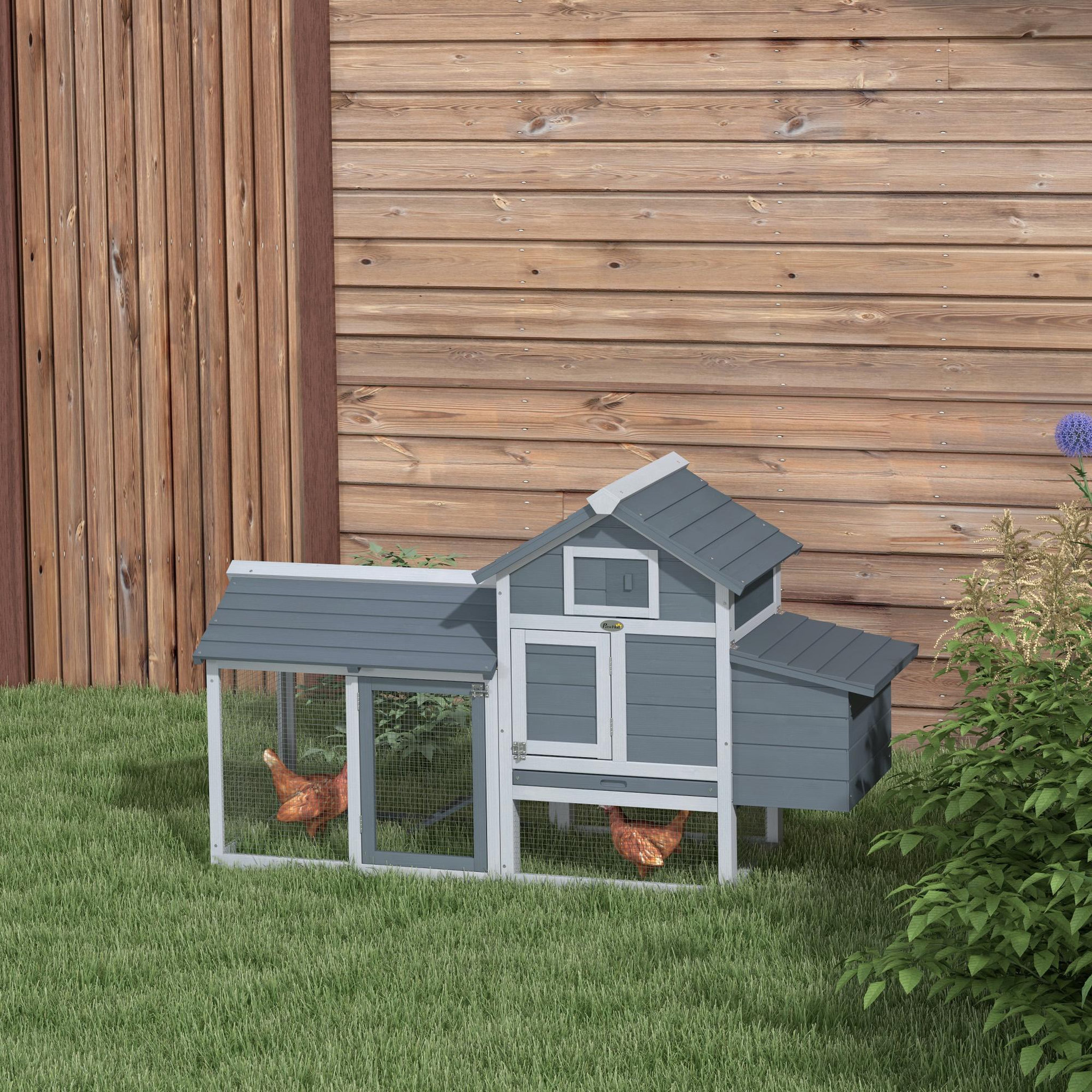 Voir la diapositive 2 : PAWHUT Poulailler cottage cage à poules sur pied dim. 151l x 54l x 87h cm multi-équipement bois pin gris