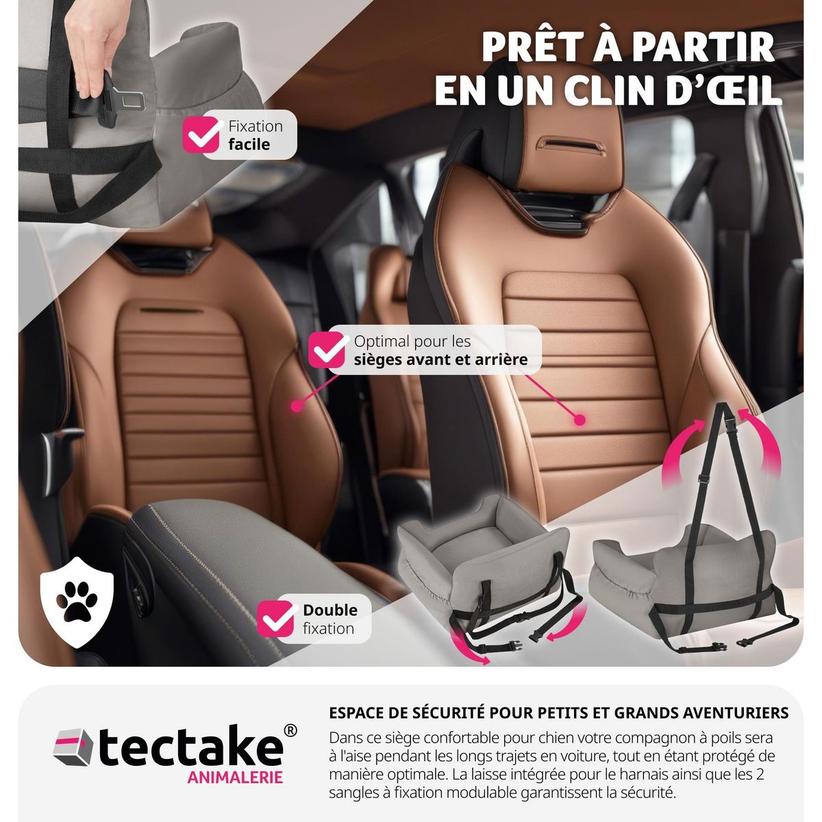 tectake Siège auto pour chien avec une laisse de sécurité et 2 sangles de fixation réglables en longueur gris
