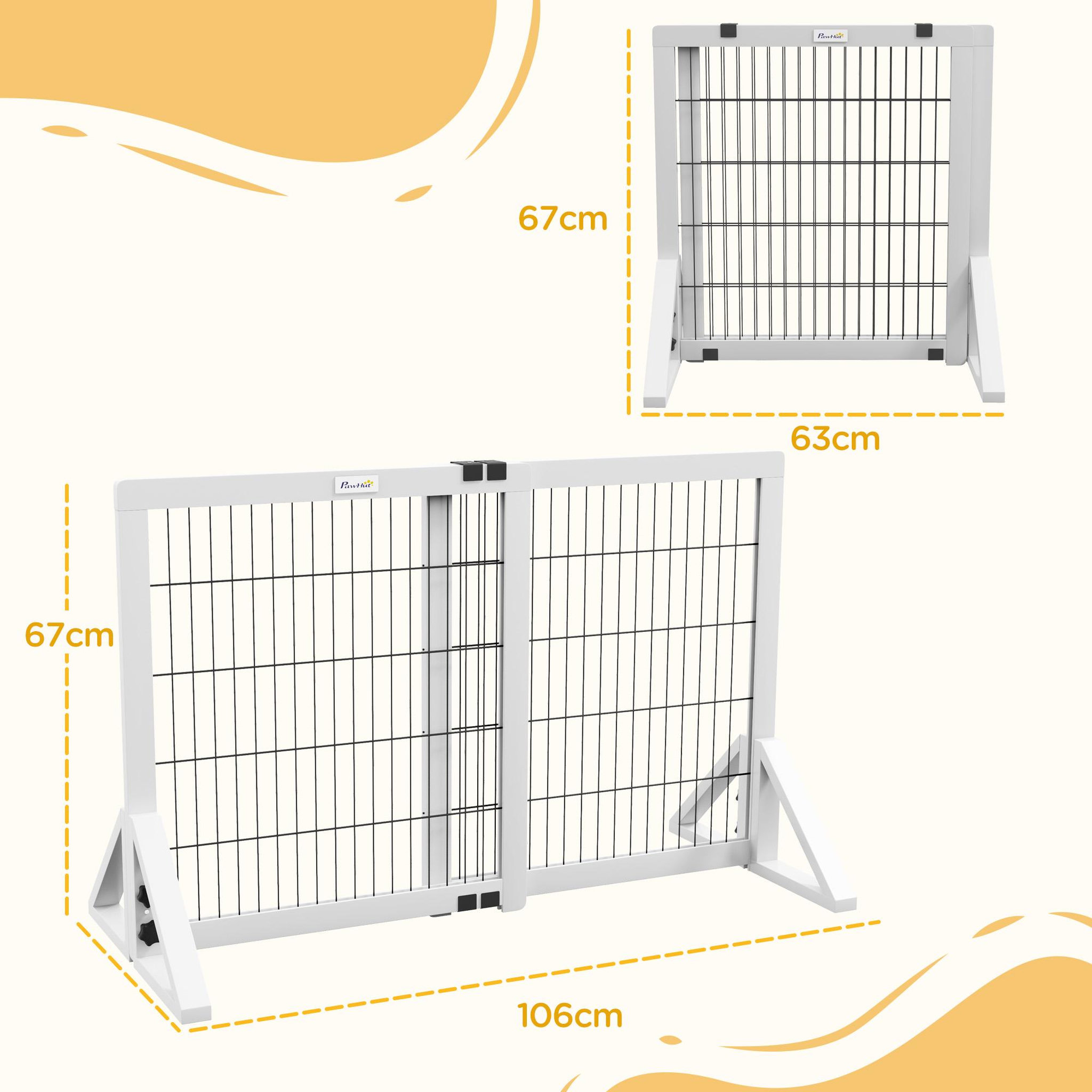 Voir la diapositive 2 : PAWHUT Barrière de sécurité pour chien, barrière de protection à 2 panneaux largeur réglable 63-106l x 44l x 67h cm, barrière pour escalier, porte, couloirs, en bois de pin et acier, blanc