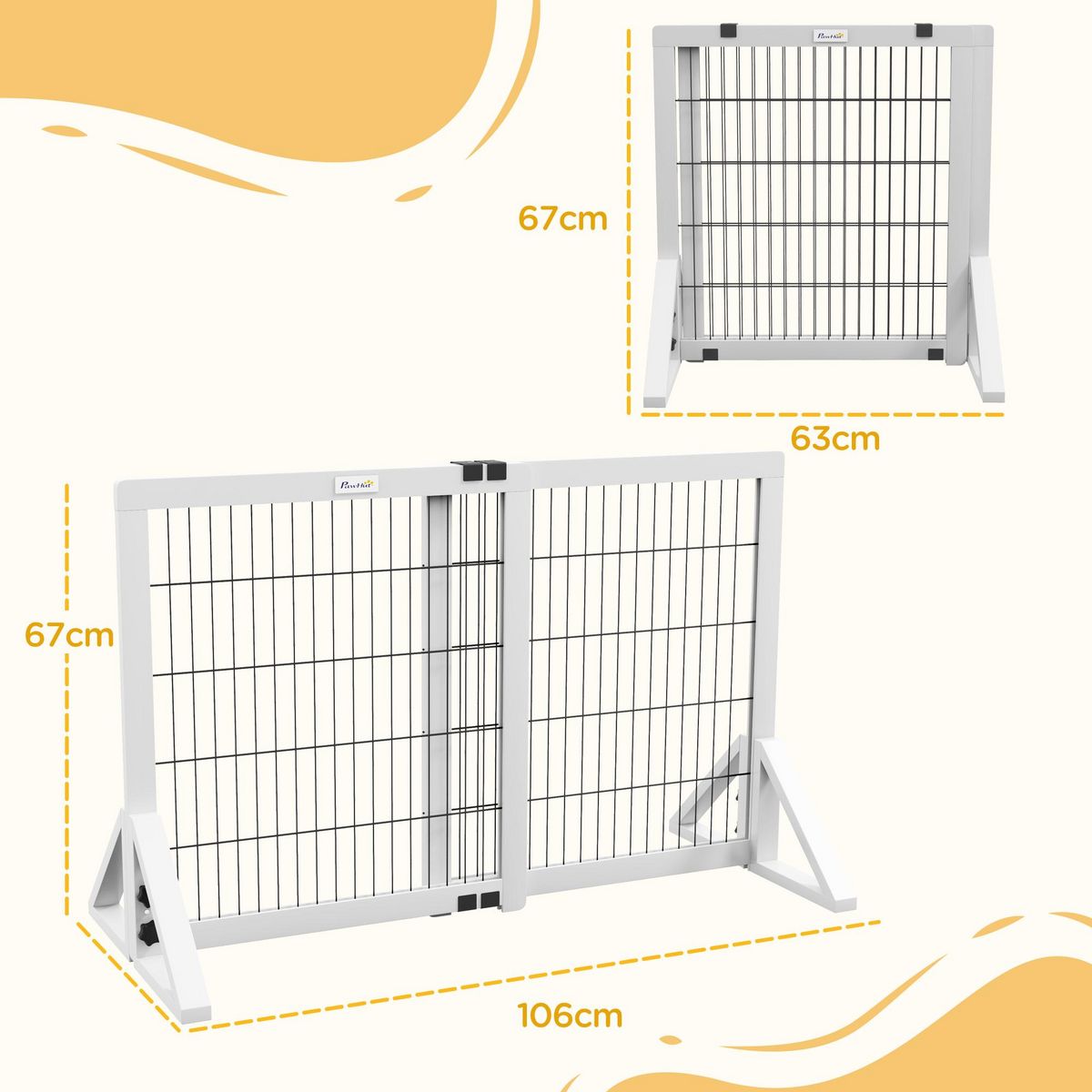 PAWHUT Barrière de sécurité pour chien, barrière de protection à 2 panneaux largeur réglable 63-106L x 44l x 67H cm, barrière pour escalier, porte, couloirs, en bois de pin et acier, blanc