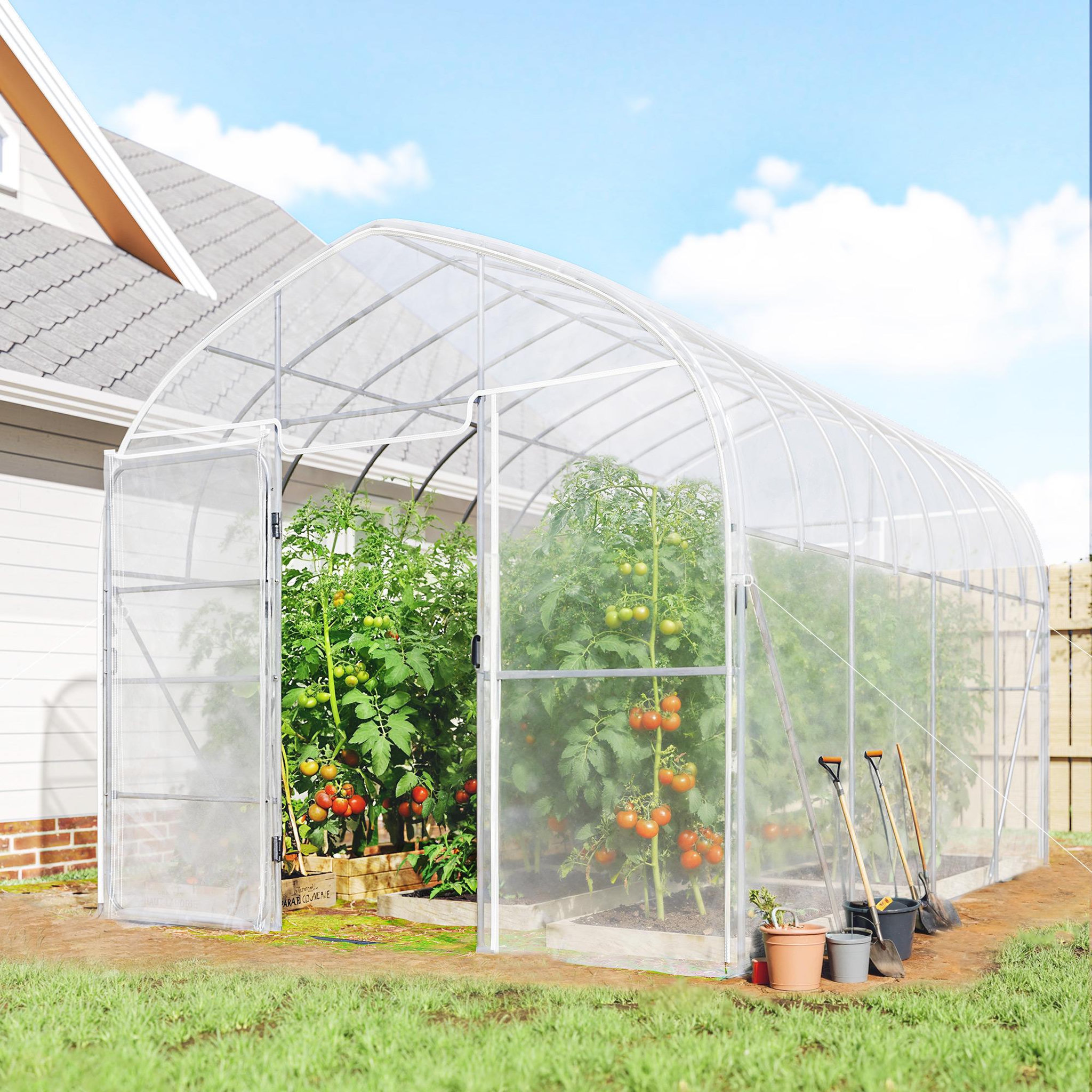 Voir la diapositive 6 : OUTSUNNY Serre tunnel jardin 12 m² - 2 portes - acier galvanisé - bâche transparente