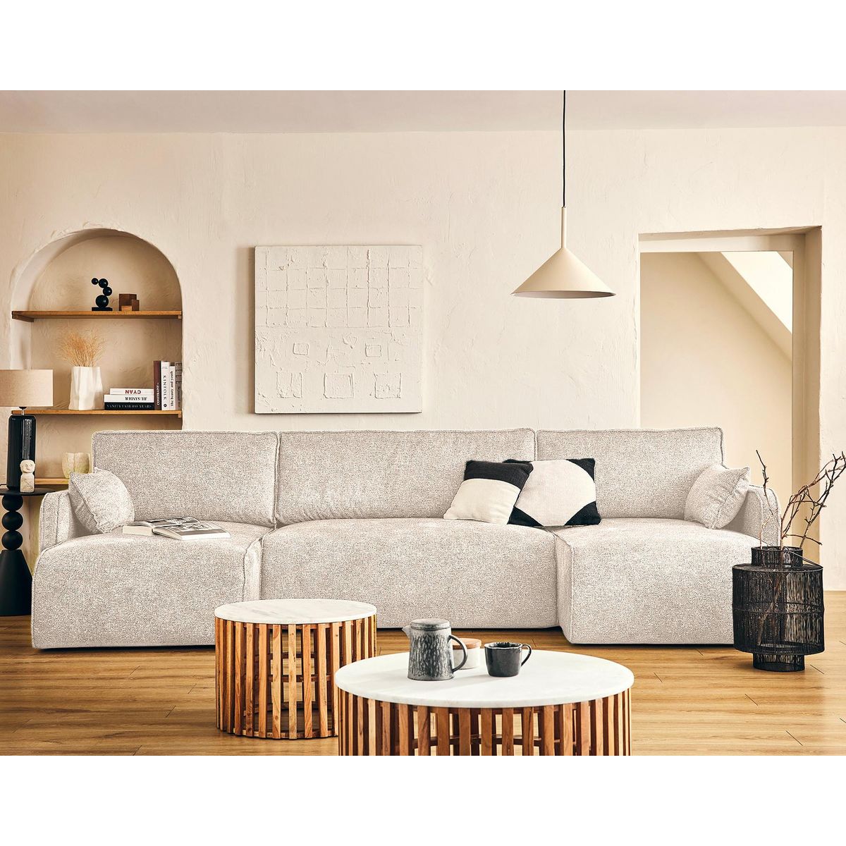 LISA DESIGN Apolline - canapé panoramique en u 7 places convertible avec coffres en tissu moucheté