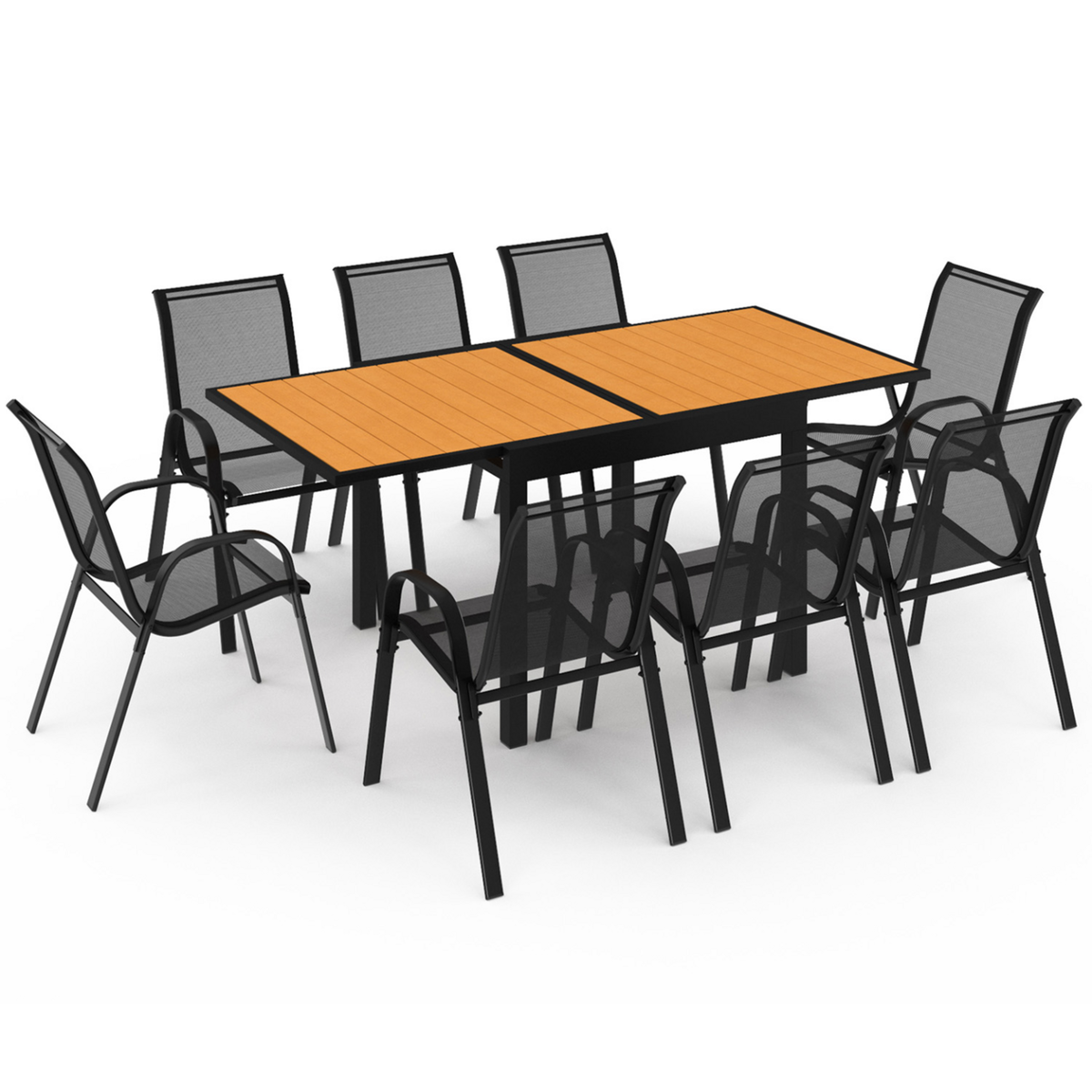 ID MARKET Salon de jardin POLY extensible table 90-180 CM et 8 chaises bois et noir