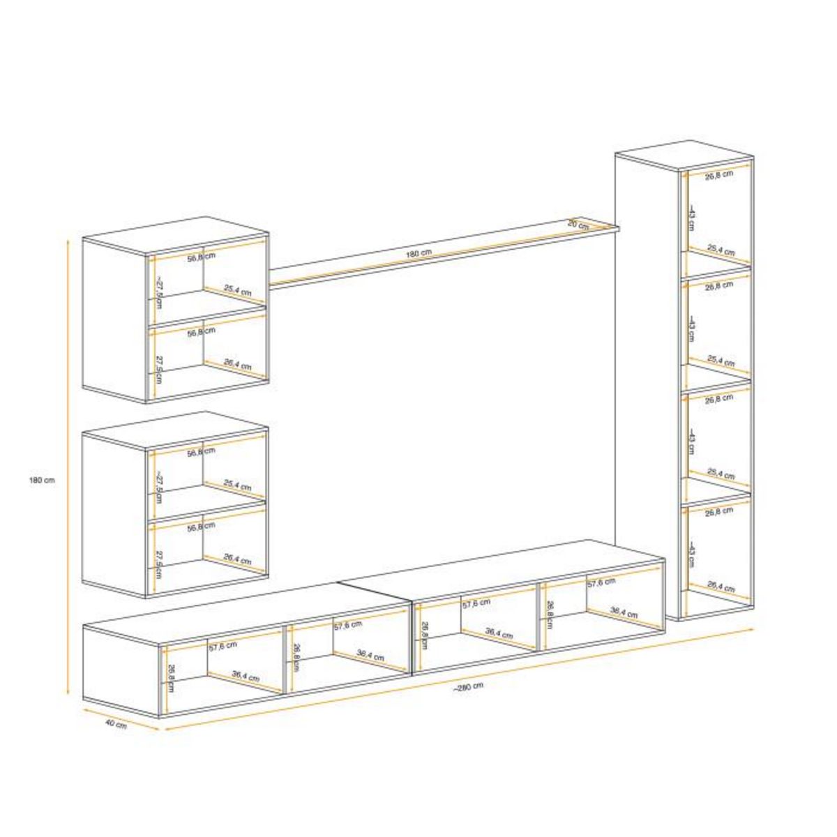 Paris Prix Meuble TV Mural Design  Switch VIII  280cm Naturel & Blanc